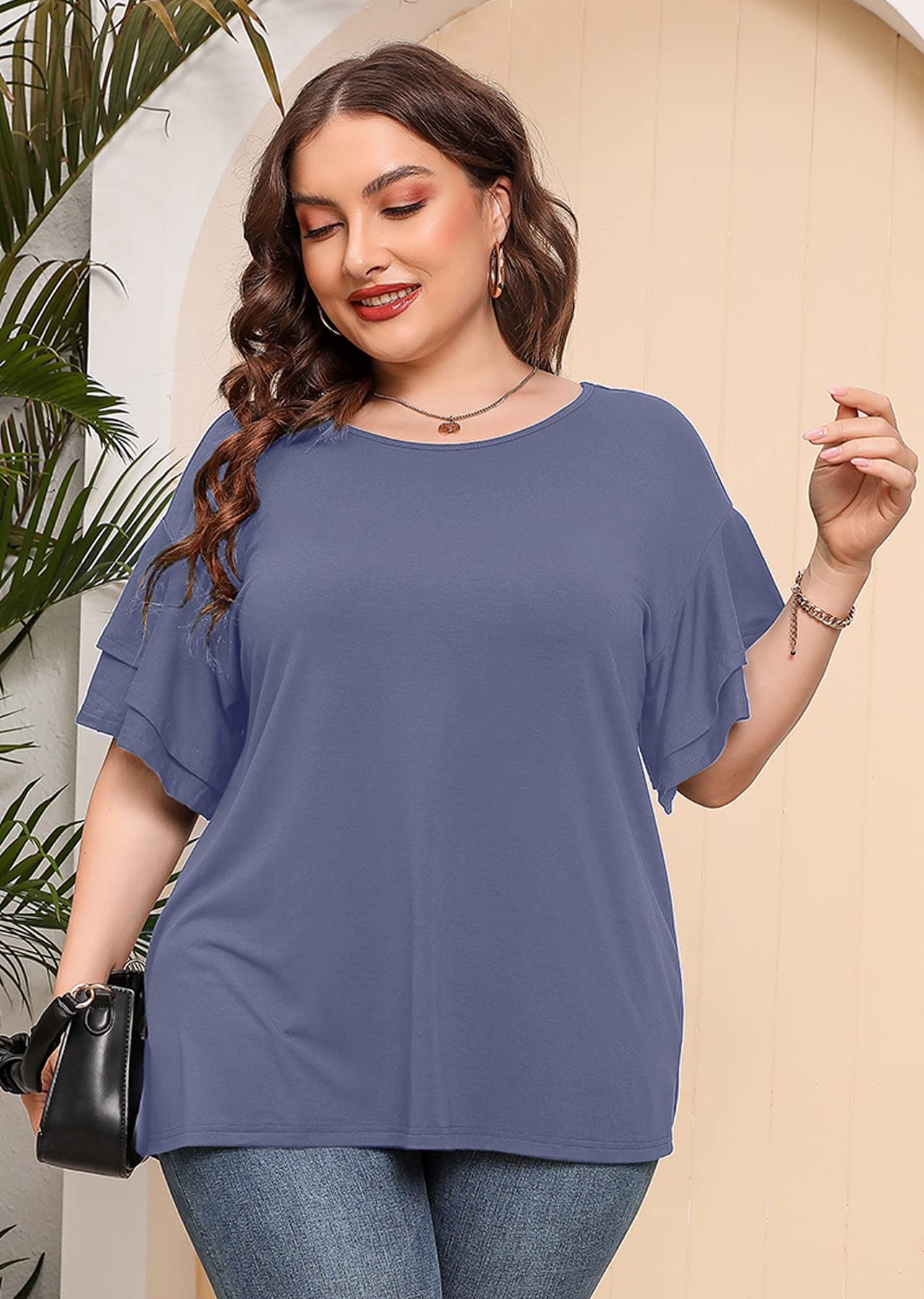 Plus Size Tunic for Women - Double Ruffle Short Sleeve Loose Fit Flowy Shirt | Summer Casual Top for Work, Vacation & Everyday Wear | AusLook Women's Fashion