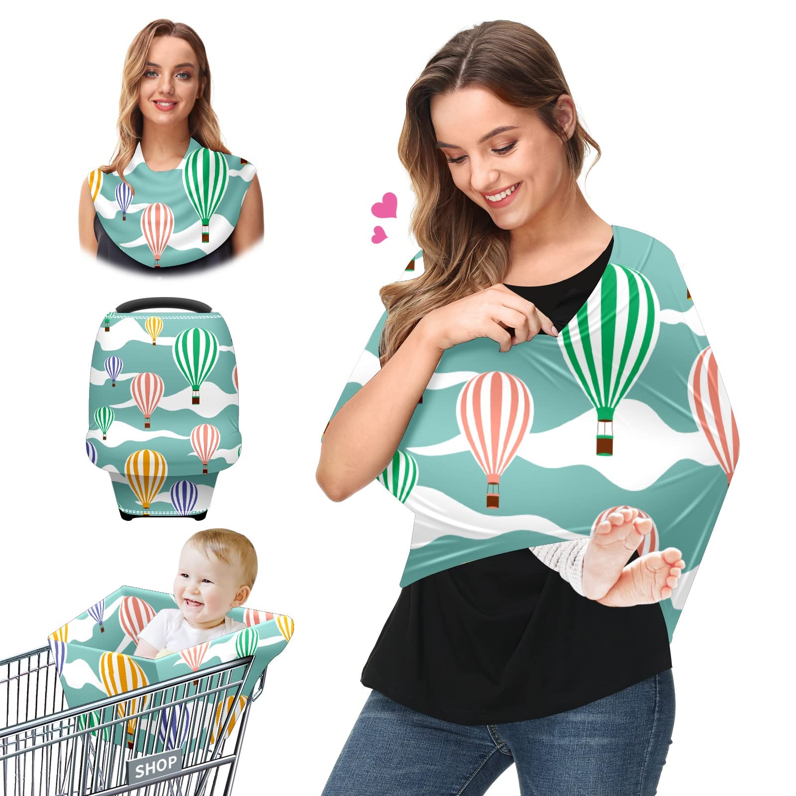 Colorful Striped Hot Air Balloon Baby Car Seat Cover & Nursing Scarf - Soft Stretchy Infant Carrier Canopy for Boys & Girls - Perfect for Strollers, Breastfeeding, and Car Seat Protection