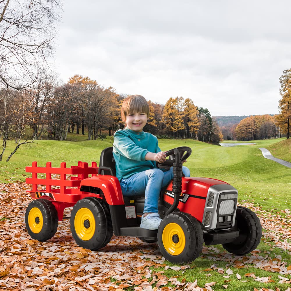 12V Kids Ride-On Tractor with 2.4G Remote Control - Electric Toy Tractor with Trailer, LED Lights & Music - Safe Toddler Vehicle with Seat Belt - Perfect for Outdoor Play & Backyard Fun (Red)