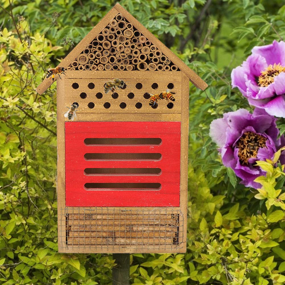Wooden Bee House for Garden - 7.7x1.5x11.7in Natural Wood Insect Hotel, Shelter & Nesting Box for Solitary Bees - Perfect for Outdoor Garden Decoration & Pollinator Habitat Enhancement
