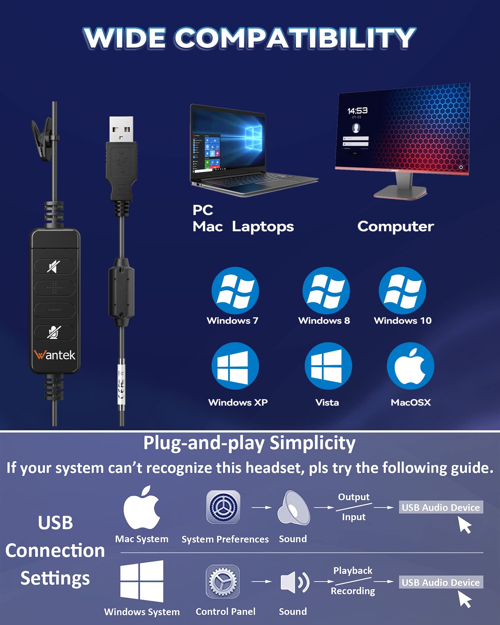 Wantek USB Headset with Noise-Canceling Microphone for PC - Wired Computer Headphones with In-Line Volume Control & Mute Button - Perfect for Zoom Meetings, Skype Calls, Webinars & Home Office Work