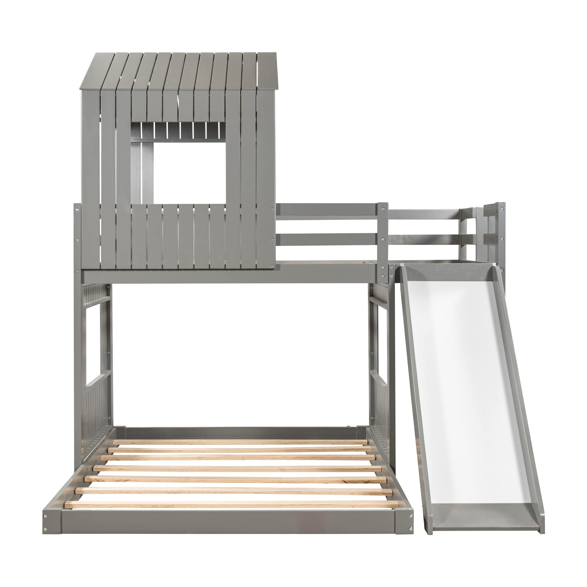 Quarte Twin Over Full Bunk Bed with Slide & Ladder - Solid Wood Loft Bed Frame with Playhouse, Farmhouse Design & Safety Guardrails - Perfect for Teens, Kids, Toddlers, Boys & Girls (Gray-9) - Ideal for Small Bedrooms, Kids' Rooms & Shared Spaces