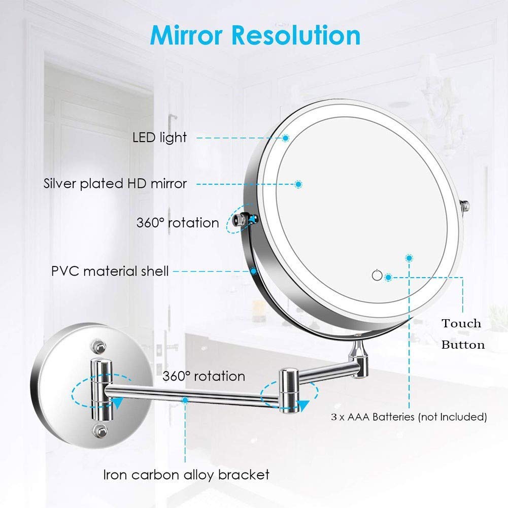 CXQD Double-Sided Round Bathroom Mirror - Wall Mounted Swivel Extendable Magnifying Mirror with Touch Screen & Dual Lighting for Shaving, Makeup, and Skincare | Perfect for Vanity, Bathroom, and Dressing Room