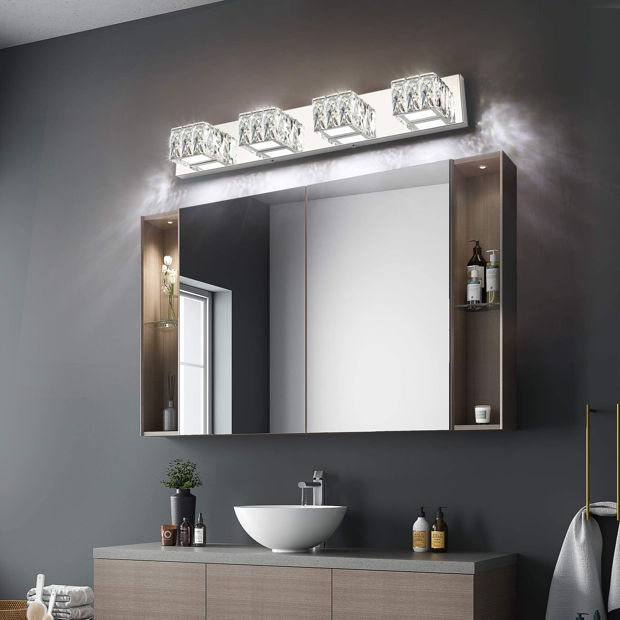 ZUZITO Modern Crystal LED Vanity Light Fixtures - Bathroom Mirror Lights with Adjustable Brightness for Makeup, Shaving & Grooming