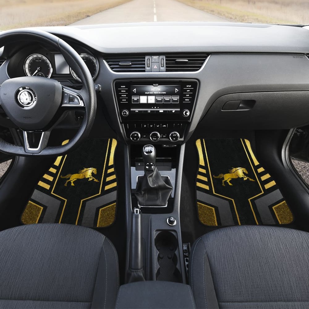 Premium Custom Mustang Horse Printed Car Floor Mats - Yellow & Black Metallic Style | All-Weather Protection for Mustang Models | Perfect for Daily Driving & Car Shows