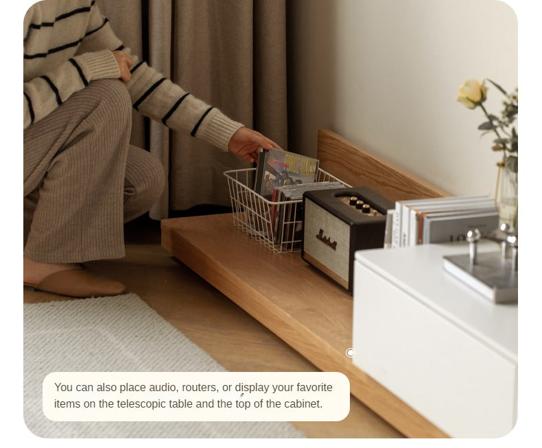 Solid Oak & Poplar Wood Retractable TV Stand Floor Cabinet - Modern TV Console for Living Room, Bedroom & Home Theater