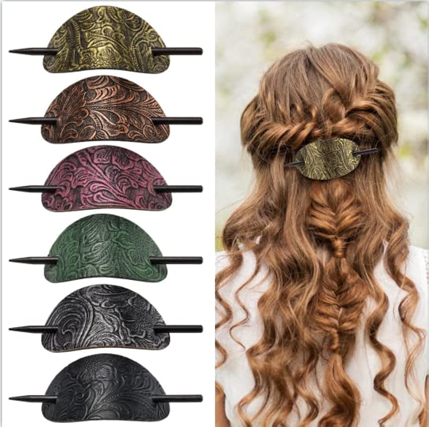 Noverlife 6PCS Bohemian Style Hair Barrettes with Wooden Stick - Faux Leather Oval Hair Clips, Ponytail Holders & Slider Pins for Women & Girls | Perfect for Weddings, Parties & Everyday Styling