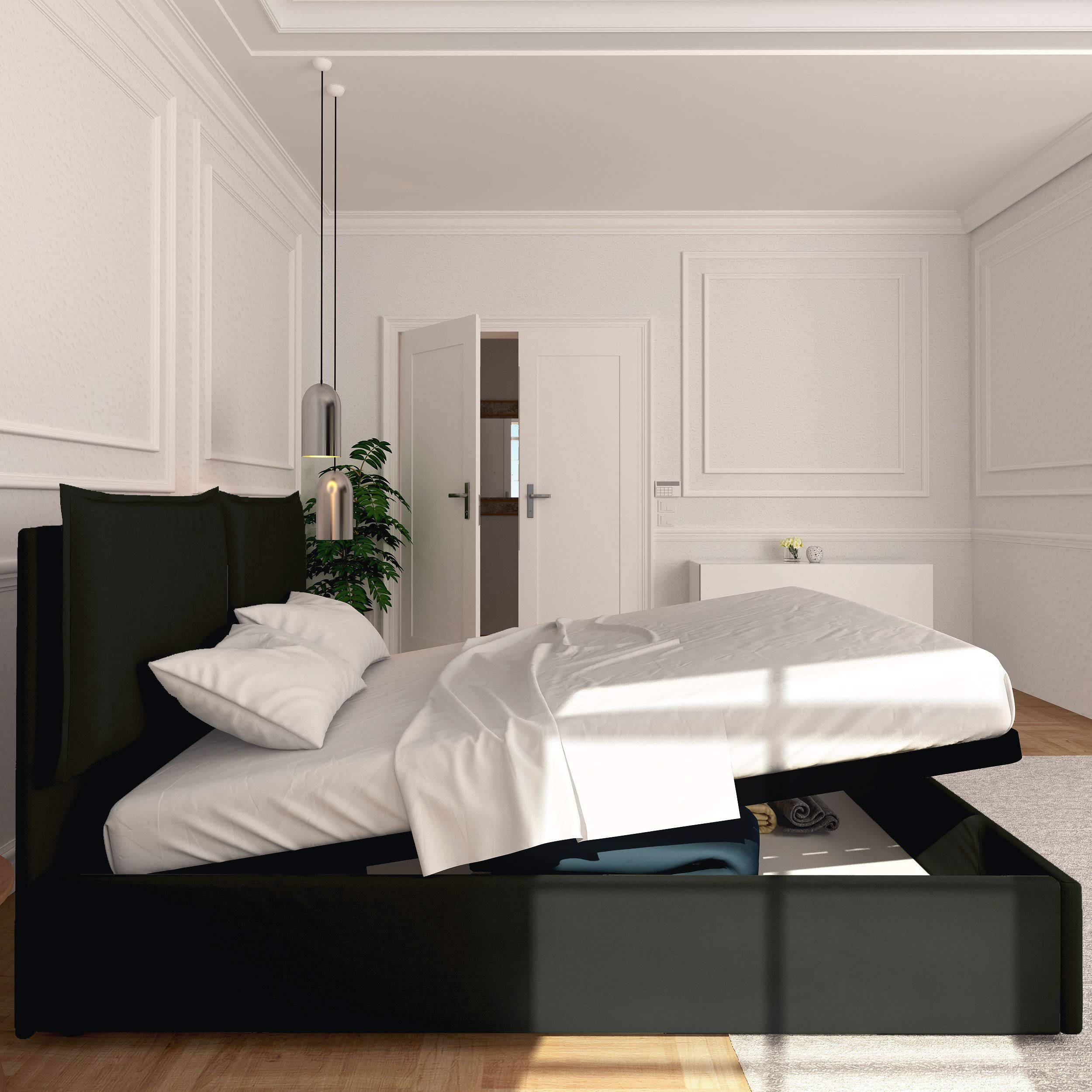 Baldiflex Licia Queen Size Bed Frame with Upholstered Headboard, Synthetic Leather, Slatted Base, Storage Drawer, 160x200cm, Black - Perfect for Modern Bedrooms & Guest Rooms