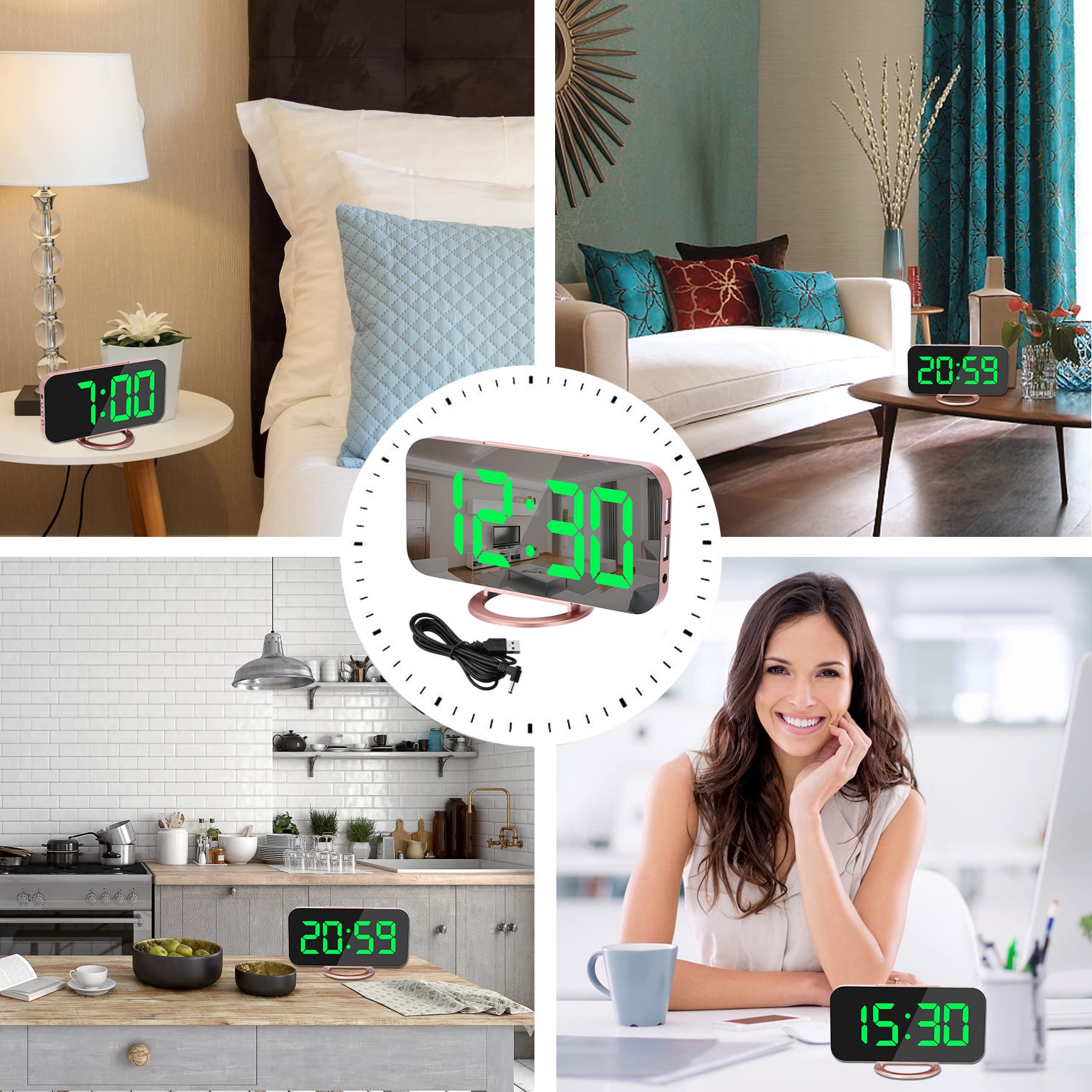 SZELAM 6.5 Inch Large LED Digital Alarm Clock with USB Charging Ports, Auto Dimmer, 12/24H Format - Modern Rose Gold Desk Clock for Bedroom, Office & Home Decor | Perfect for Nightstand, Dorm Room and Gift Giving