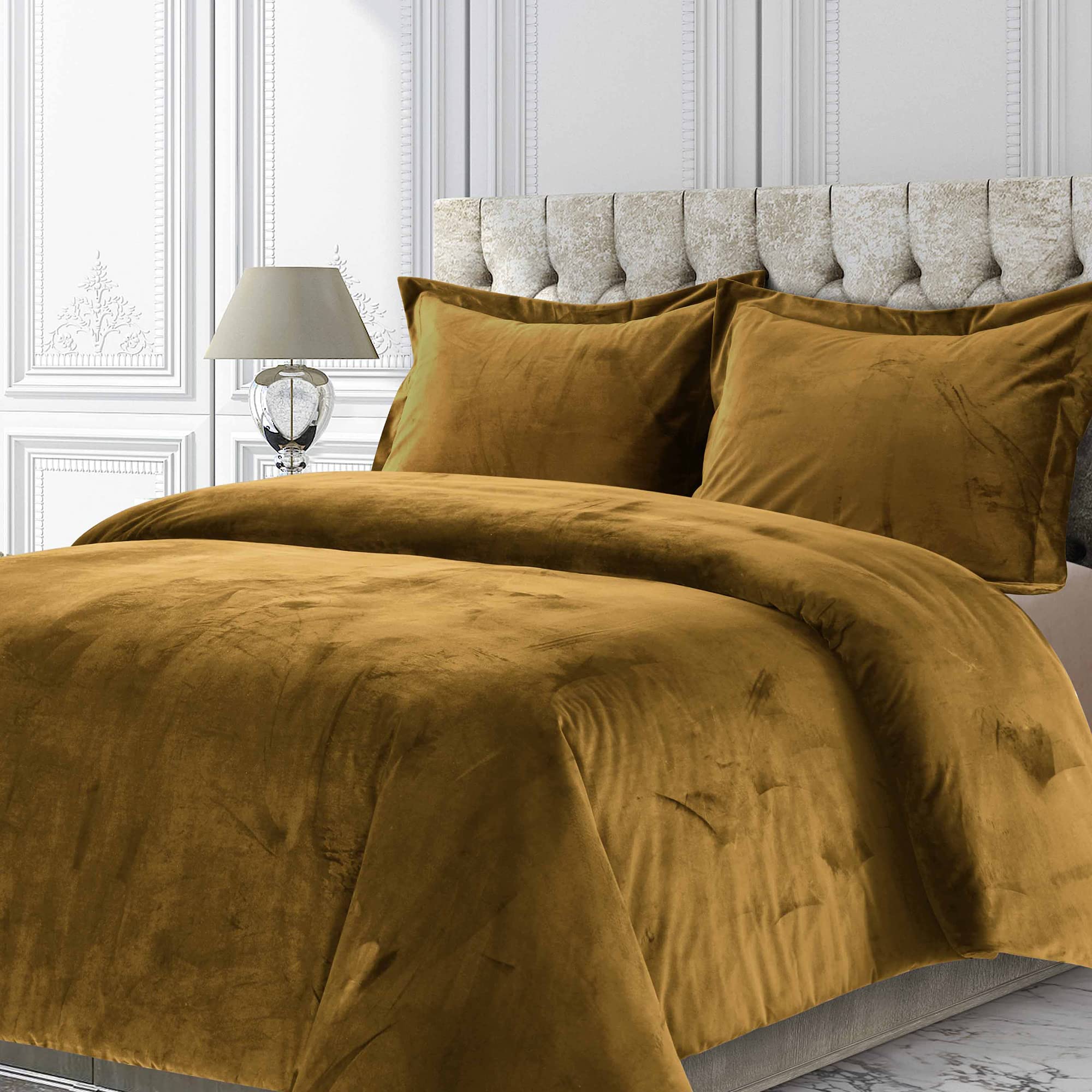 Venice Velvet Oversized Solid Duvet Cover Set - Queen Size Camel Brown Luxury Bedding for Cozy Bedroom Decor & Hotel Style Comfort