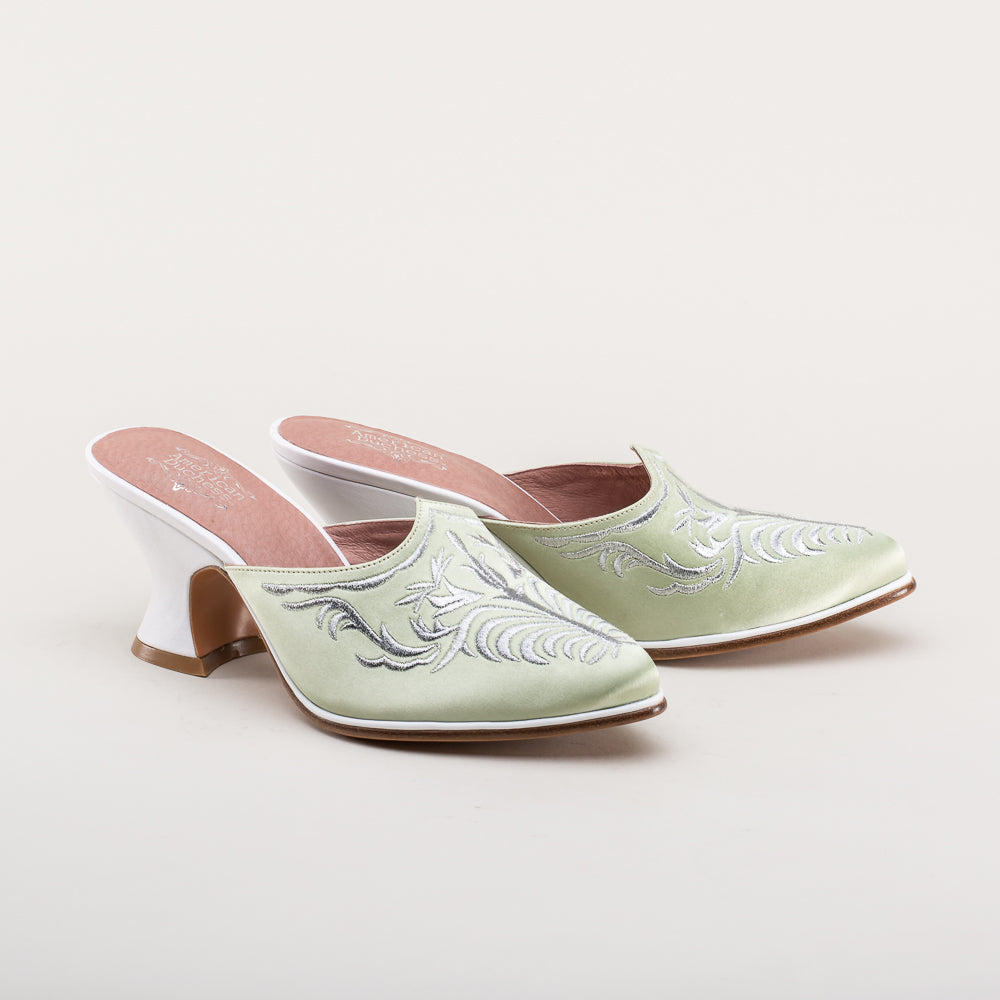 Antoinette 18th Century Style Green Mules - Vintage Inspired Women's Shoes for Historical Reenactment, Cosplay & Themed Events