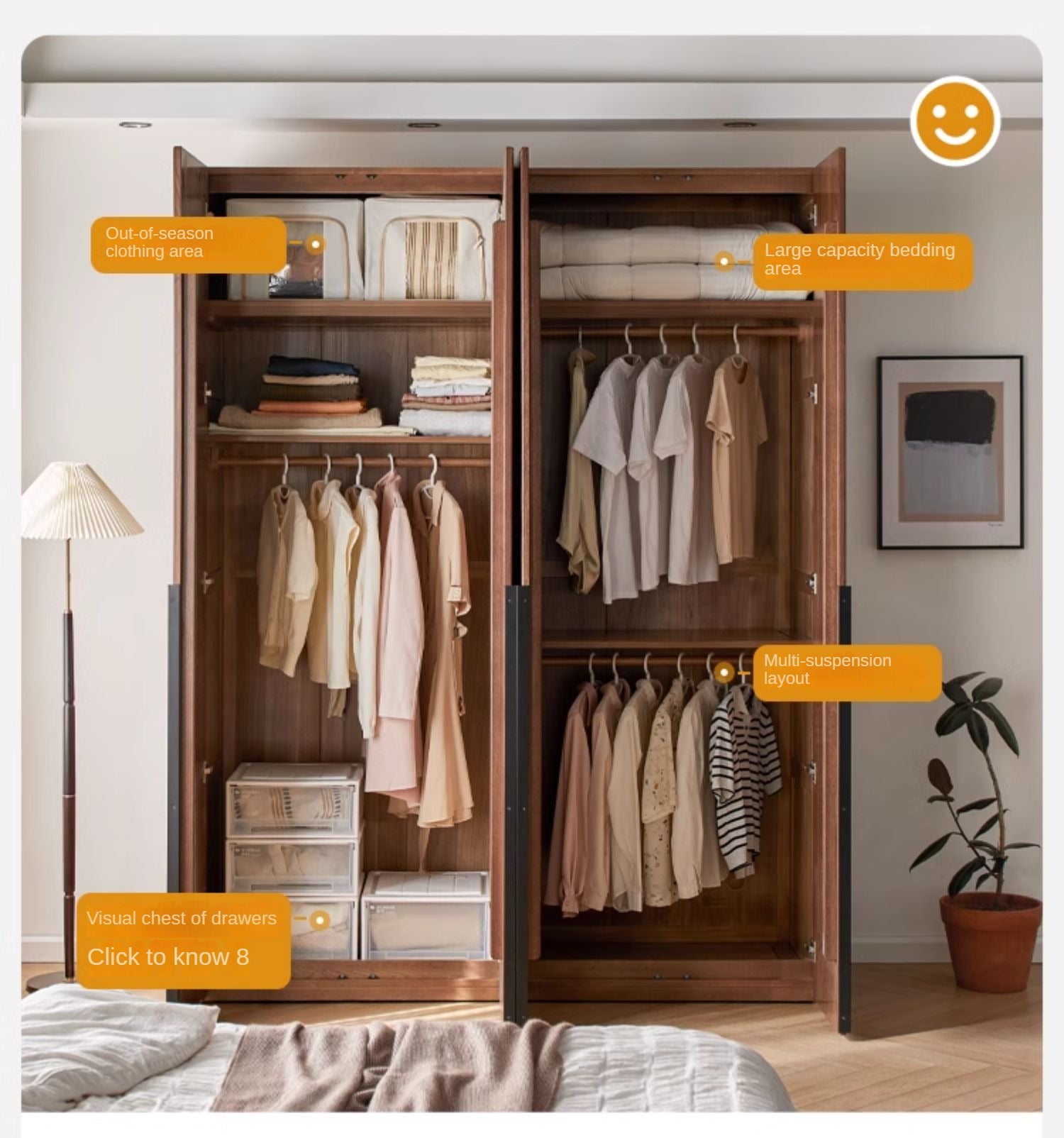 Solid Oak Wood Wardrobe - Spacious & Durable Closet Organizer for Bedroom, Living Room, or Walk-In Closet Storage