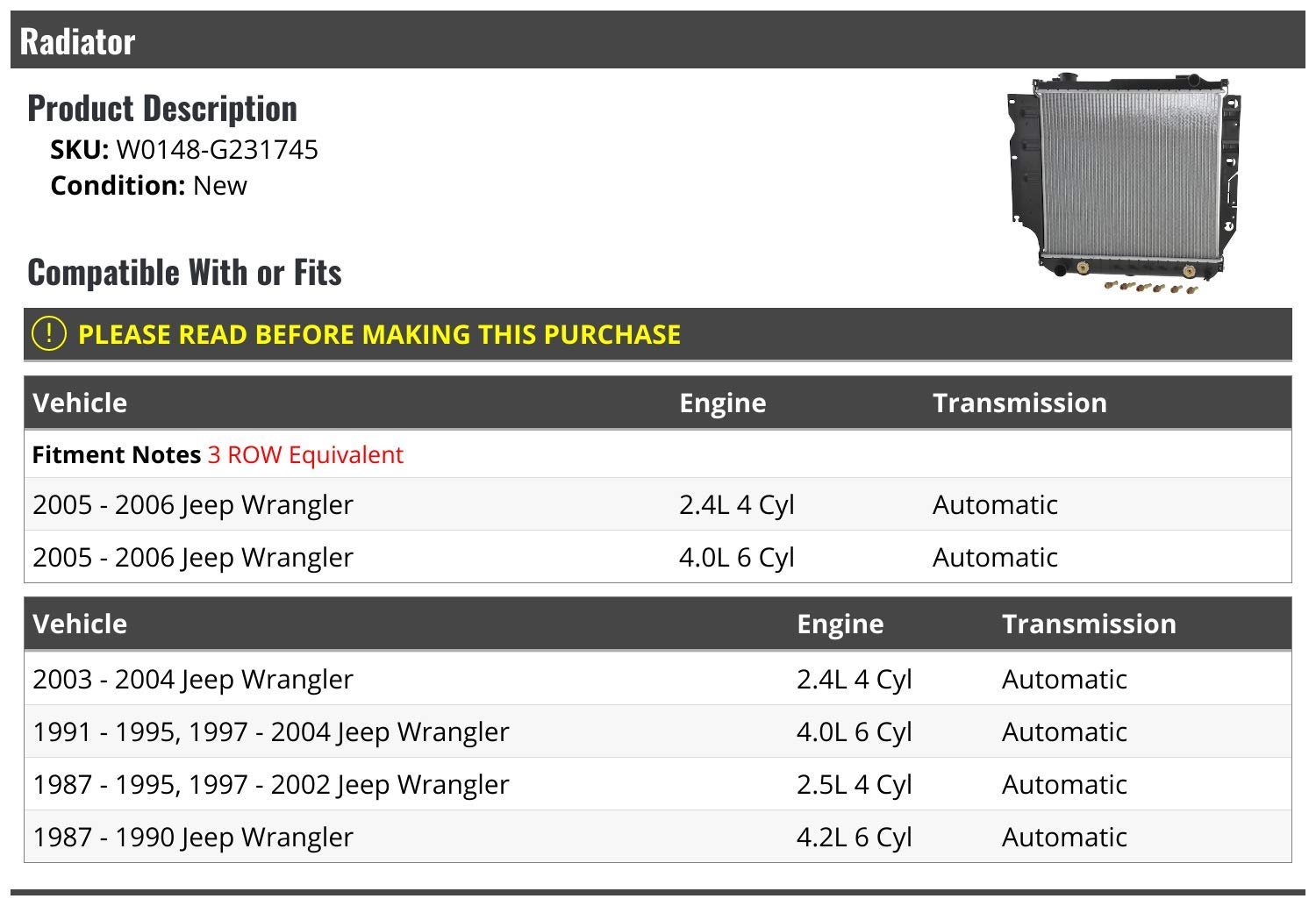 High-Performance Aluminum Radiator for 1987-1995 & 1997-2006 Jeep Wrangler YJ TJ - Direct Fit Replacement for Engine Cooling System - Perfect for Off-Roading, Daily Driving & Extreme Weather Conditions