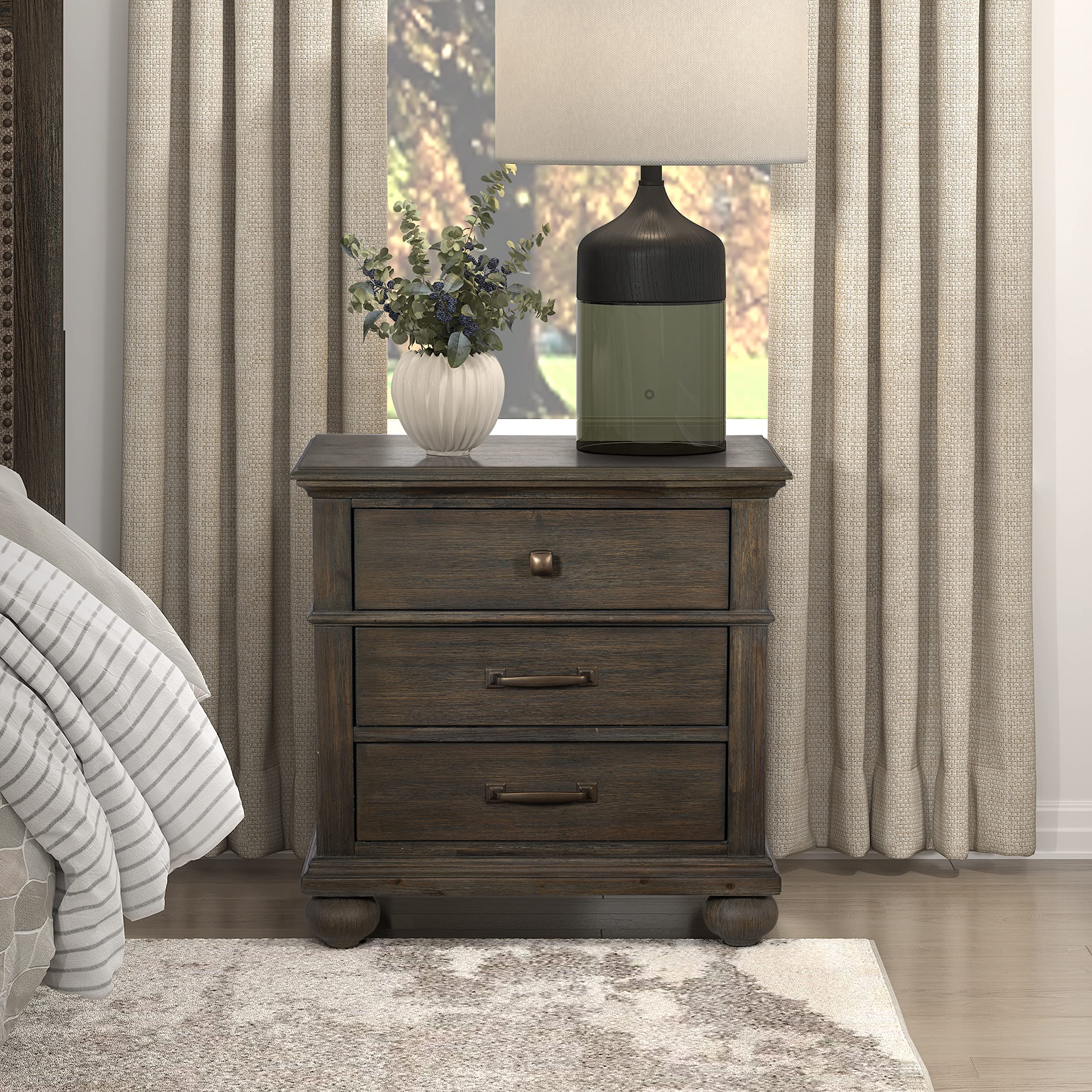 Lexicon Busselton 3-Drawer Nightstand - Rustic Brown Wood Bedside Table for Bedroom, Living Room & Guest Room - Compact Storage Cabinet with Drawers for Home Decor