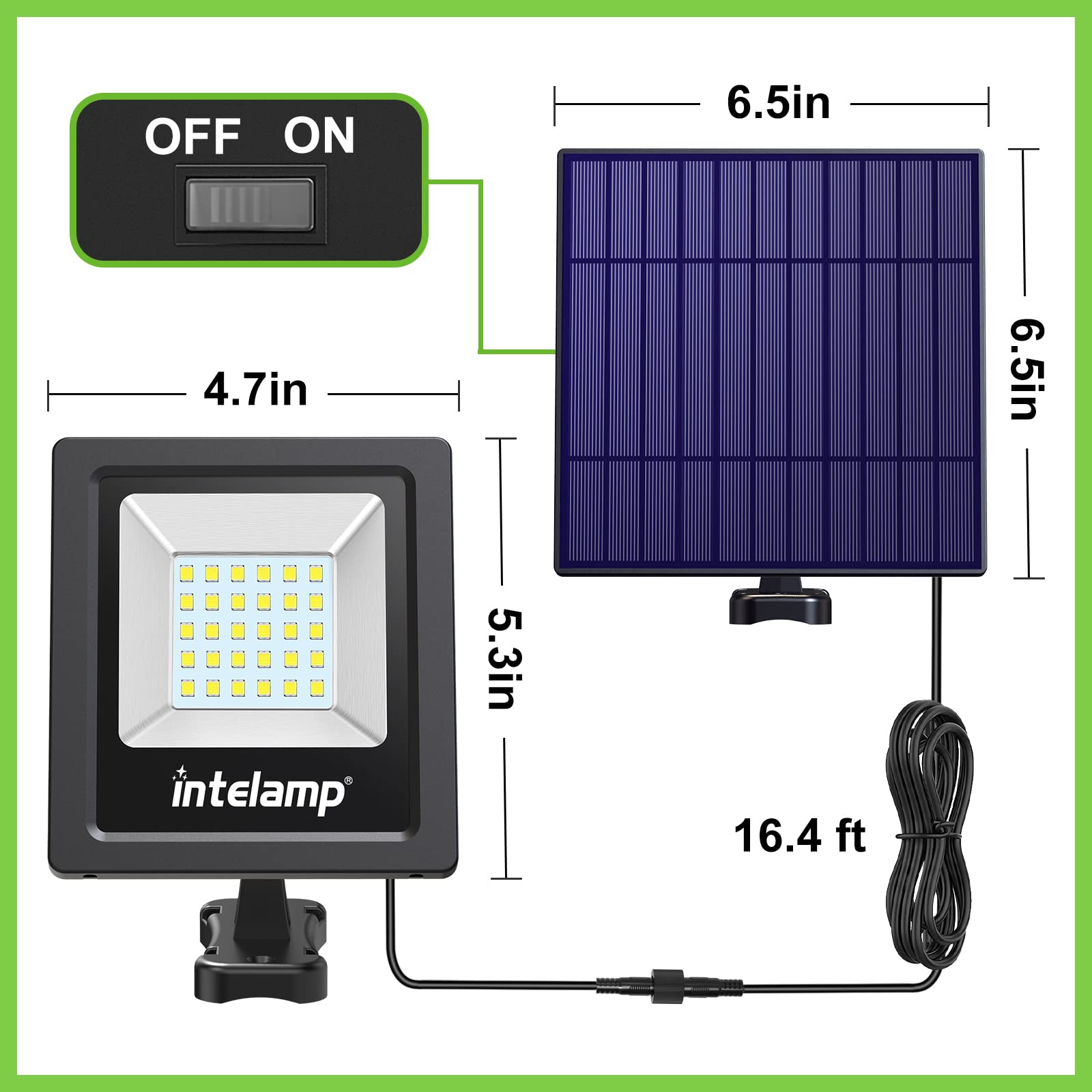 Intelamp 4400mAh Solar Flood Lights 2 Pack - IP65 Waterproof Outdoor Solar Security Lights with Dusk to Dawn Auto On/Off - Perfect for Porch, Balcony, Yard, Garage, Barn & Garden Lighting