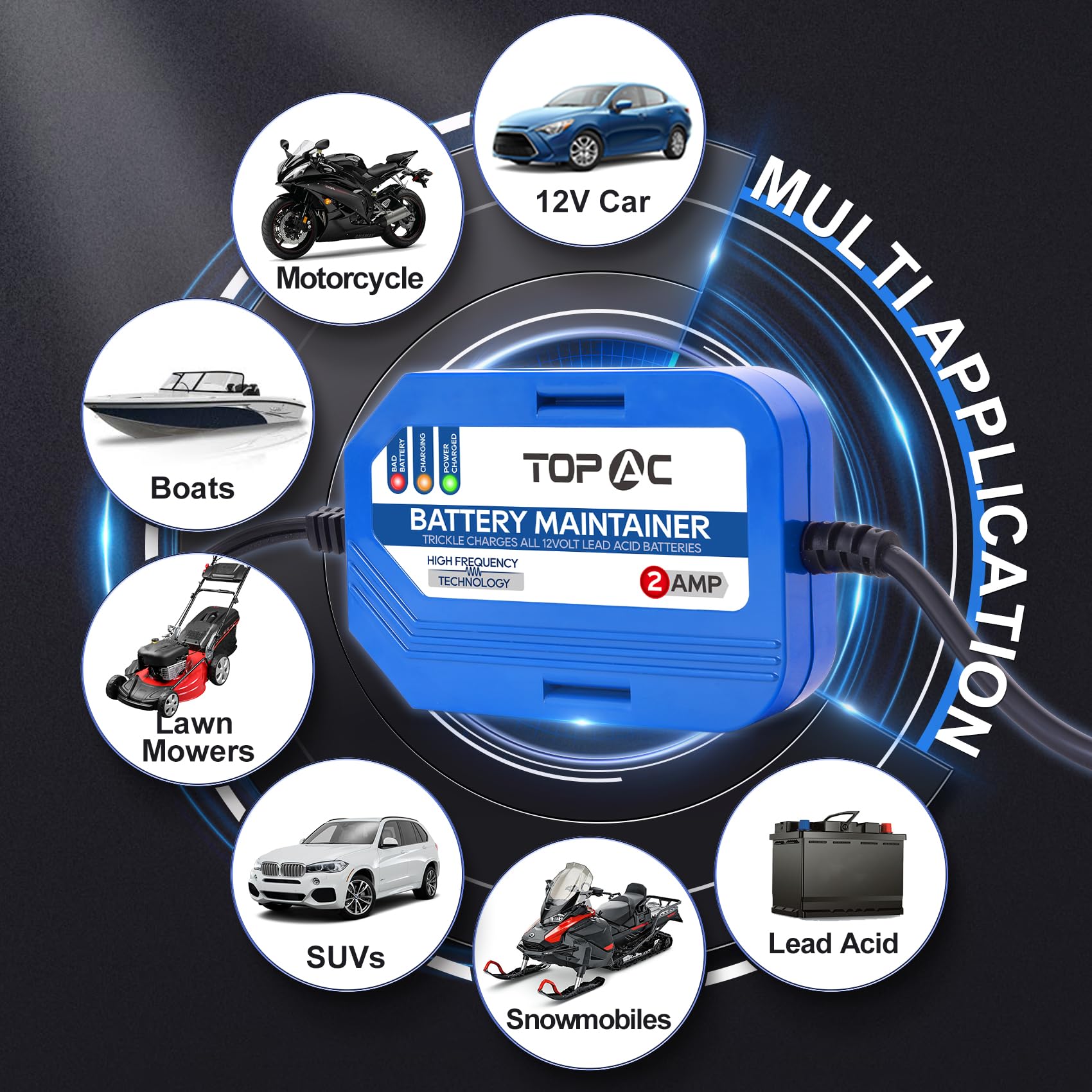 2 Amp 12V Smart Car Battery Charger & Maintainer - Fully Automatic Trickle & Float Charger for Cars, Trucks, Motorcycles, Lawn Mowers, Boats - Lead Acid Battery Charger for Long-Term Storage & Winter Maintenance
