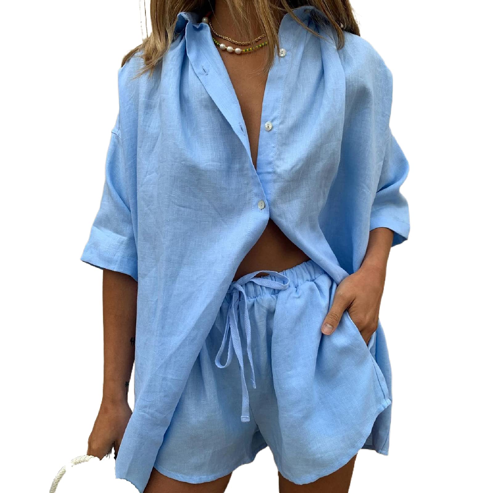 Women's Summer Casual 2-Piece Outfit Set - Long Sleeve Shirt & Shorts | Y2K Streetwear Loose Fit Sweatsuit | Trendy Matching Set for Street Style, Vacation & Lounge Wear