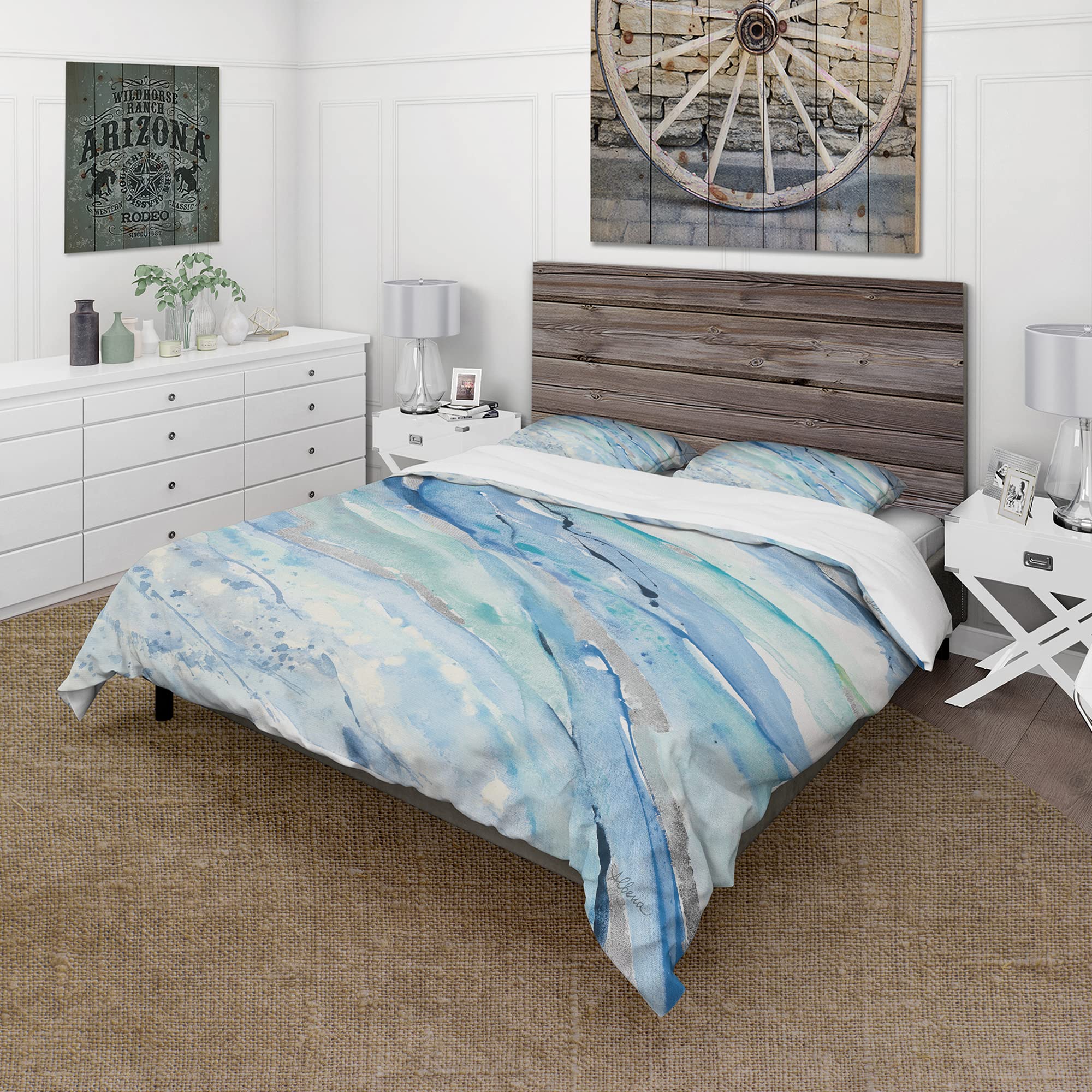 DesignQ Blue Silver Spring Modern & Contemporary Duvet Cover Set - King Size 3-Piece Cottage Bedding | All Season Soft Luxury Bed Sheets for Master Bedroom, Guest Room & Vacation Homes