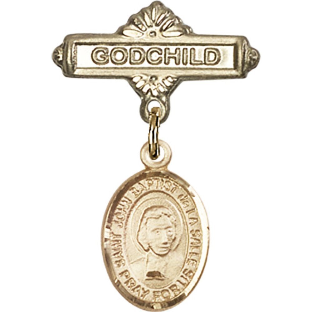 St. John Baptist de la Salle Gold Filled Baby Badge Pin - 1 x 5/8 Inch Religious Godchild Charm - Perfect for Baptism, Christening & First Communion Gifts