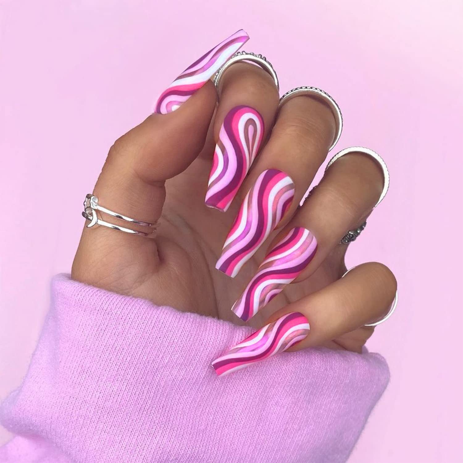 DOCVOEOMH Purple Press on Nails - Long Coffin Fake Nails with Fashionable Wave & Line Designs, 24PCS Acrylic False Nails with Glue for Women | Perfect for Parties, Weddings & Special Occasions