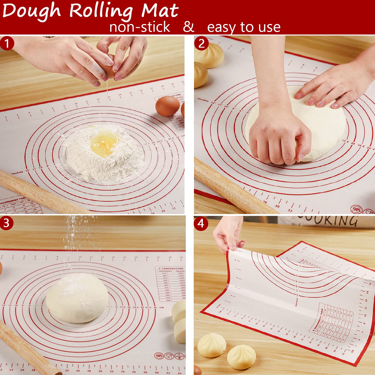 Non-Slip Silicone Pastry Mat for Rolling Dough, Fondant & Pie Crust - Extra Thick Baking Sheet, Oven Safe Counter Mat (16