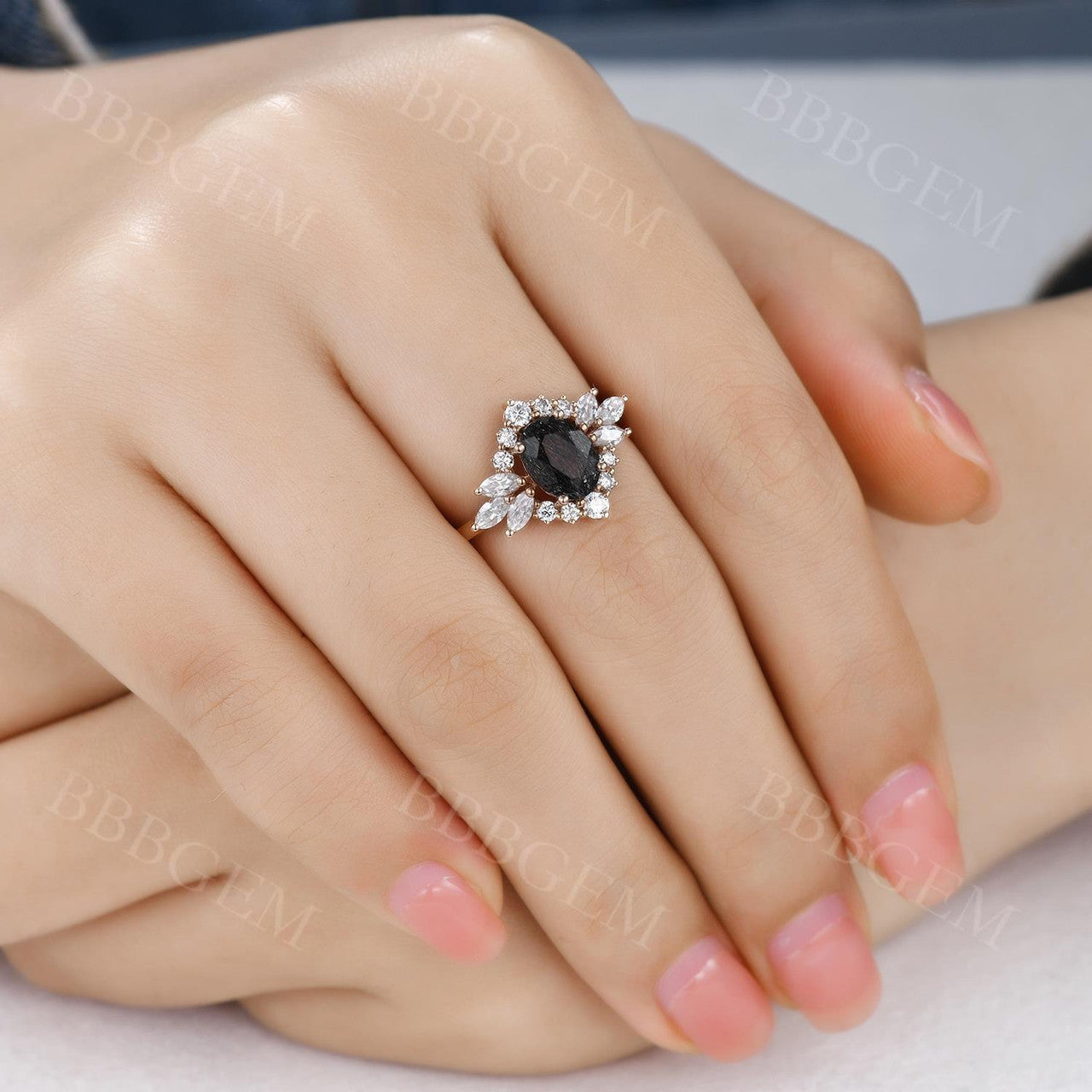 Oval Cut Black Rutilated Quartz Engagement Ring with Marquise Moissanite Halo - Elegant Wedding Band for Proposals, Anniversaries & Special Occasions
