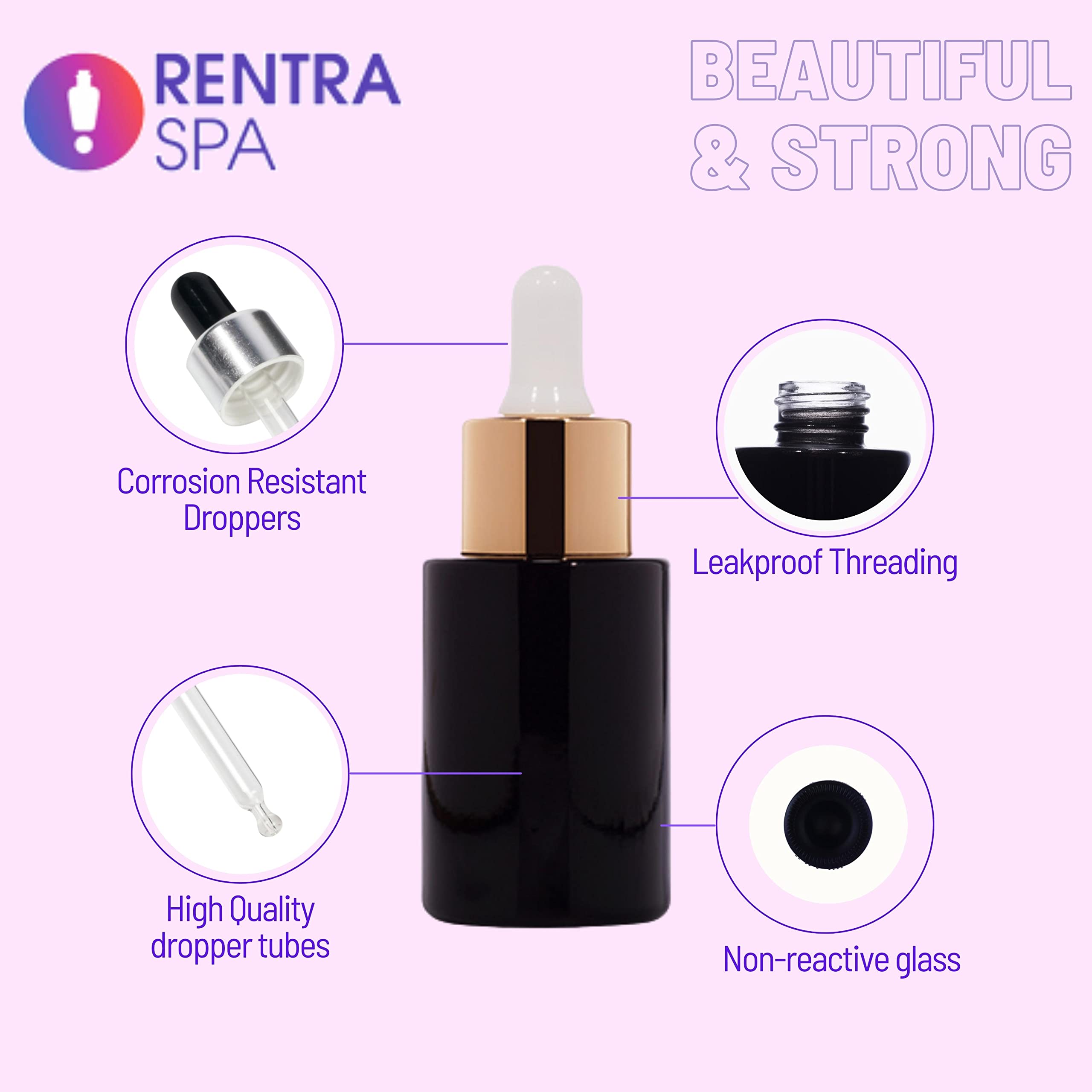 Rentra S.P.A 30ml Glossy Black Round Flat Neck Glass Bottle with Glass Dropper, Silver Ring & White Silicone Teat - Perfect for Essential Oils, DIY Beauty Products & Home Decor