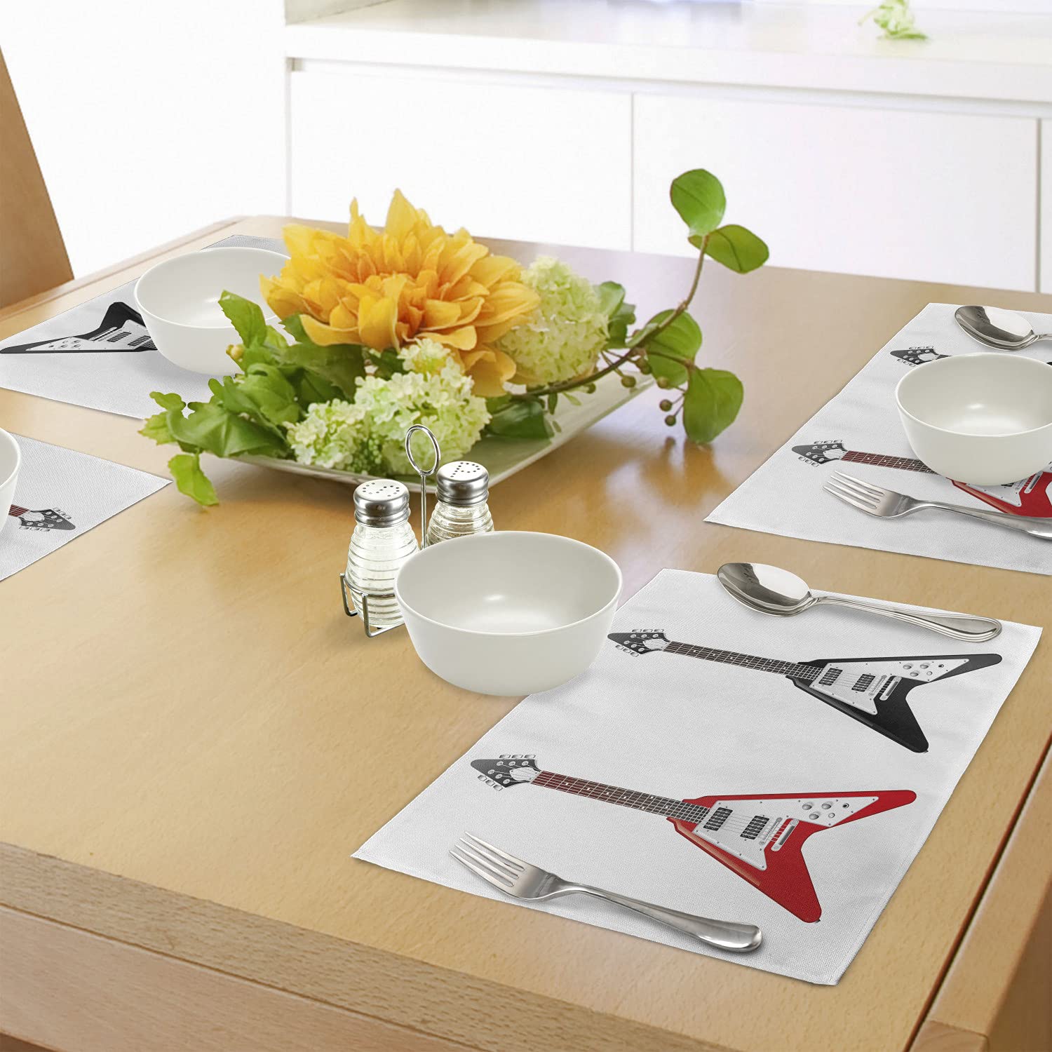 Ambesonne Guitar Themed Place Mats Set of 4 - Washable Fabric Table Mats with V-Shaped Musical Instrument Design for Dining Room & Kitchen Decor | Perfect for Music Lovers, Rock & Roll Parties, and Themed Dinners