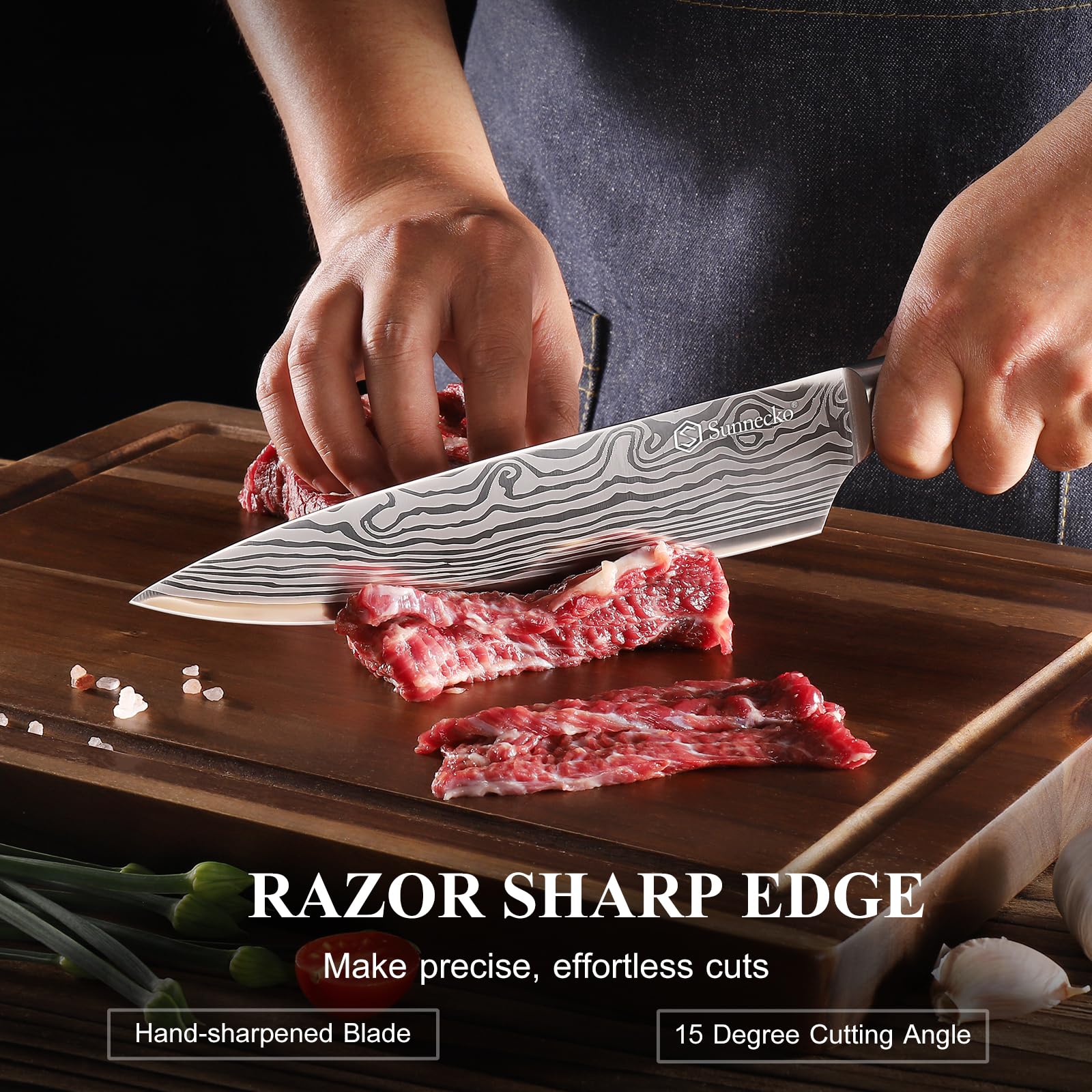 Sunnecko 3-Piece Professional Chef Knife Set - High Carbon Stainless Steel Kitchen Knives with Ergonomic Wooden Handle - Perfect for Chopping, Slicing & Dicing Vegetables, Meat & Fruits