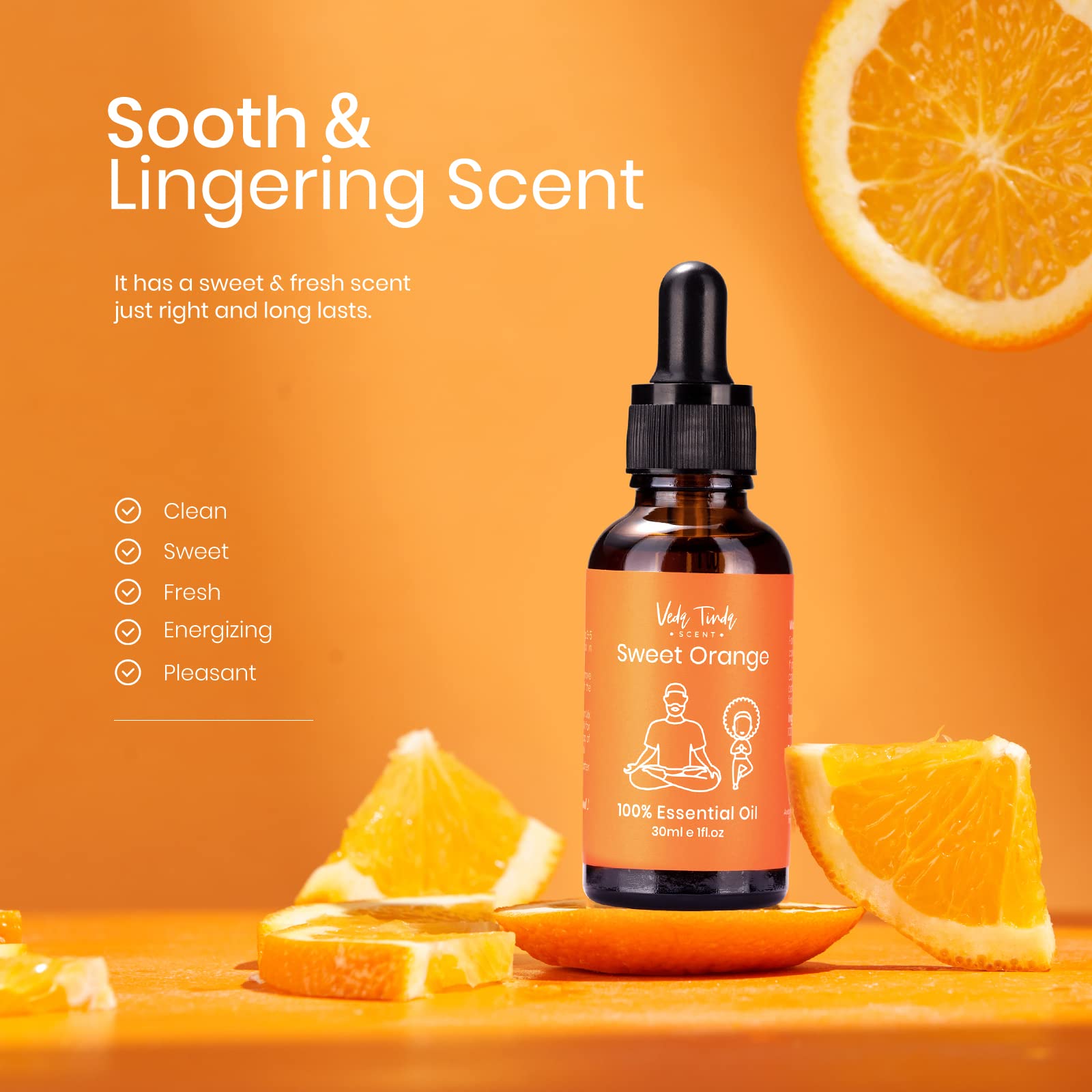 Veda Tinda Sweet Orange Essential Oil - 100% Pure Natural Organic Aromatherapy Oil for Mood Boosting, Stress Relief & Mental Clarity | 1 fl oz (30ml) for Diffusers, Massage & DIY Skincare | Perfect for Home Spa, Yoga & Relaxation