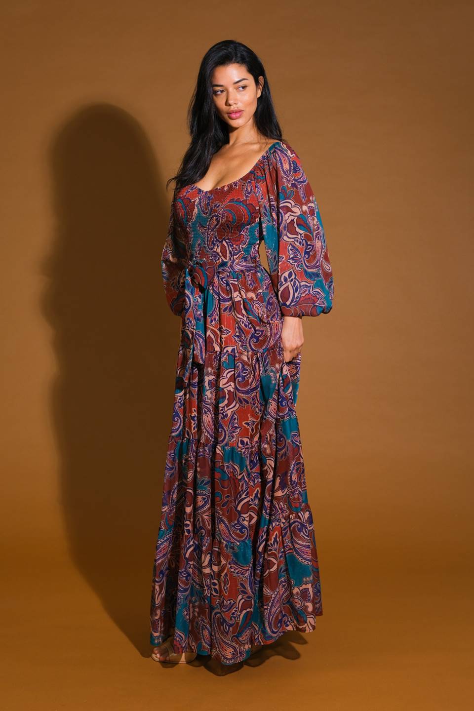 Elegant MERLOT MAXI DRESS in Wine & Teal Paisley Print - Perfect for Summer Weddings, Beach Vacations & Evening Parties