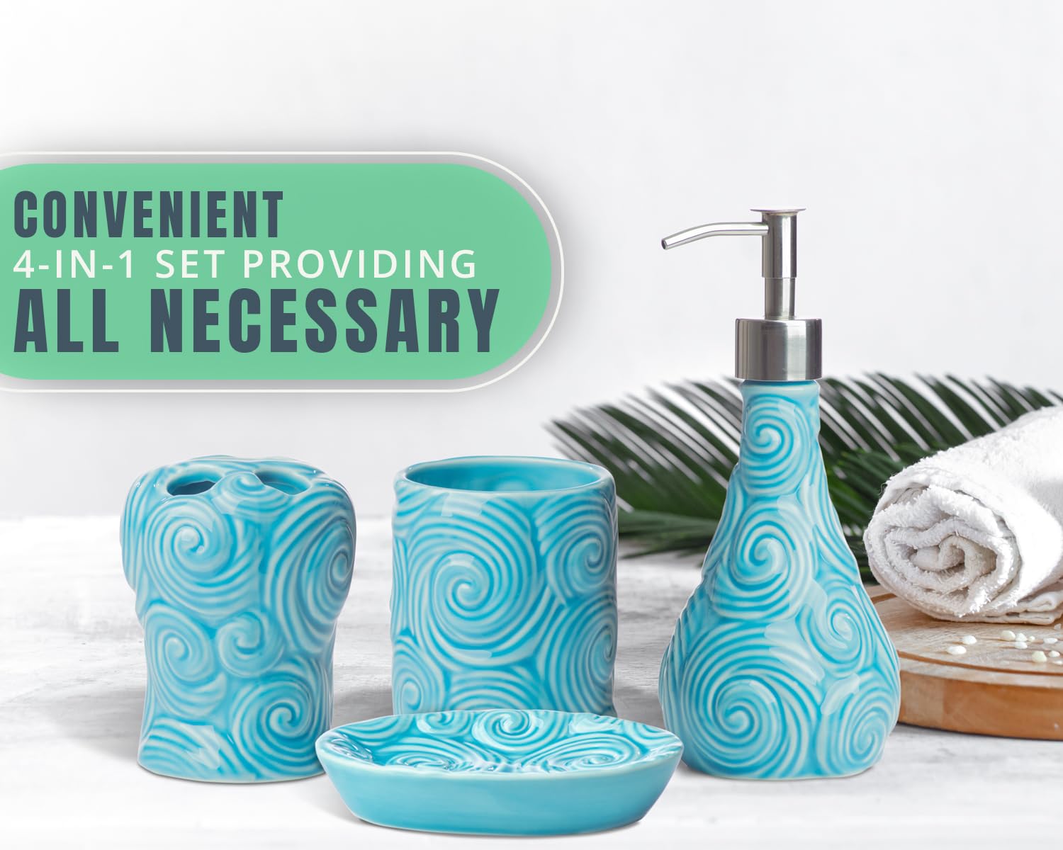Luxury 4-Piece Bathroom Set - Porcelain Soap Dispenser, Toothbrush Holder, Tumbler & Soap Dish - Glossy Aqua Blue Ocean Waves Design - 15.6oz Capacity - Perfect for Bathroom Organization & Spa-Like Decor