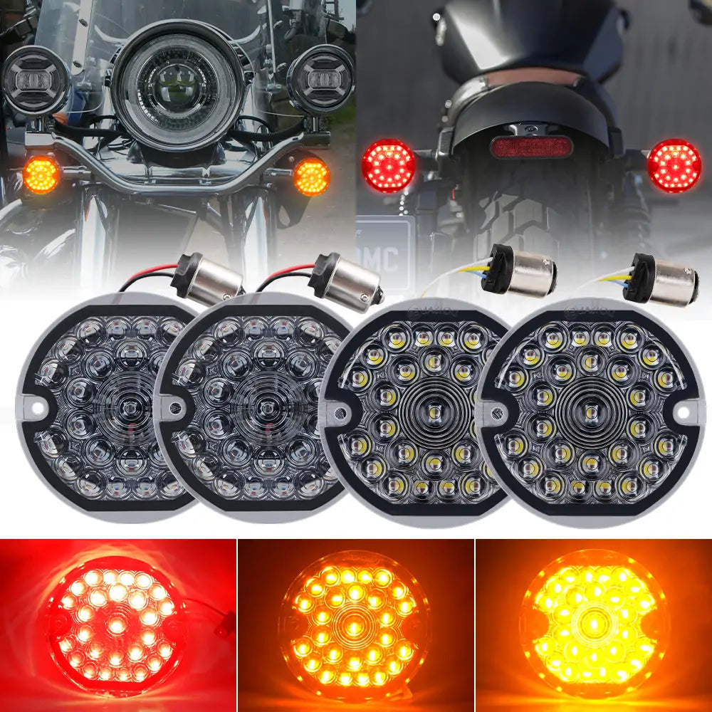 1157 & 1156 LED Turn Signal Kit for Harley Davidson Road Glide, Road King, Softail & Ultra Classic - 3.25 Inch Dual Function Bulbs with Front Double Base & Rear Single Connector - Perfect for Daytime Visibility & Nighttime Safety Riding