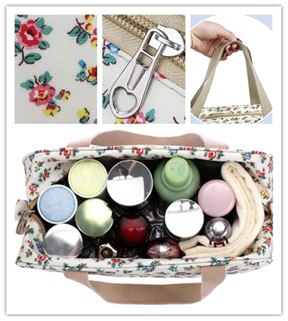 Large Makeup Bag for Women - Travel Cosmetic & Toiletry Organizer (Little Flower Beige) | Perfect for Travel & Daily Use