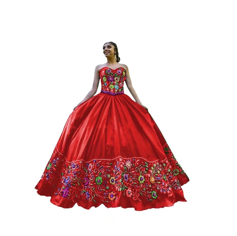 Exquisite Mexican Style Quinceanera Dress with Floral Embroidery & Beads - Strapless Satin Ball Gown for Sweet 16, Prom 2025 - Perfect for Quinceañera Celebrations, Debutante Balls & Formal Dances
