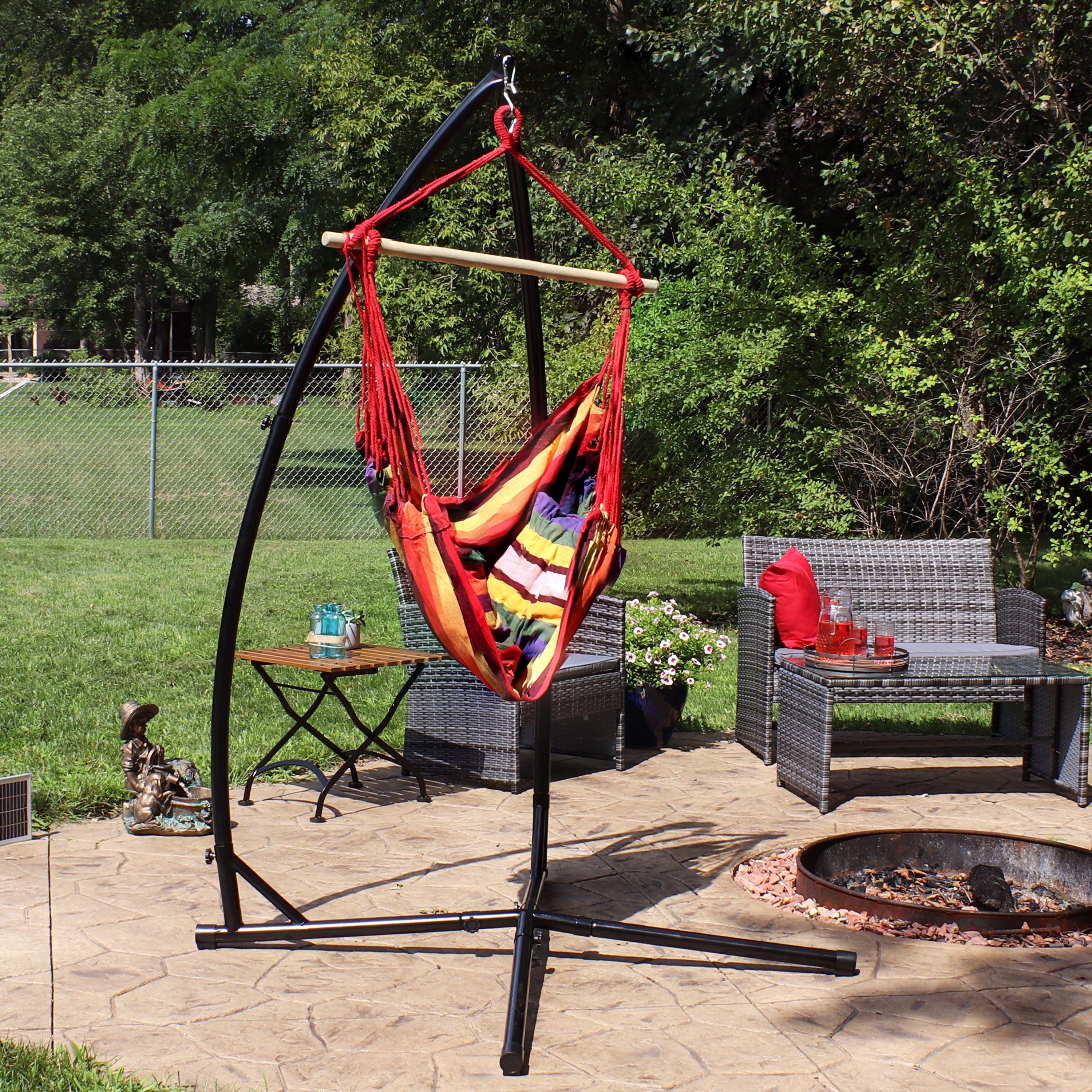 Sunnydaze Outdoor Hanging Hammock Chair Swing with X Stand - Portable Patio, Garden & Backyard Relaxation - Perfect for Reading, Lounging & Sunbathing
