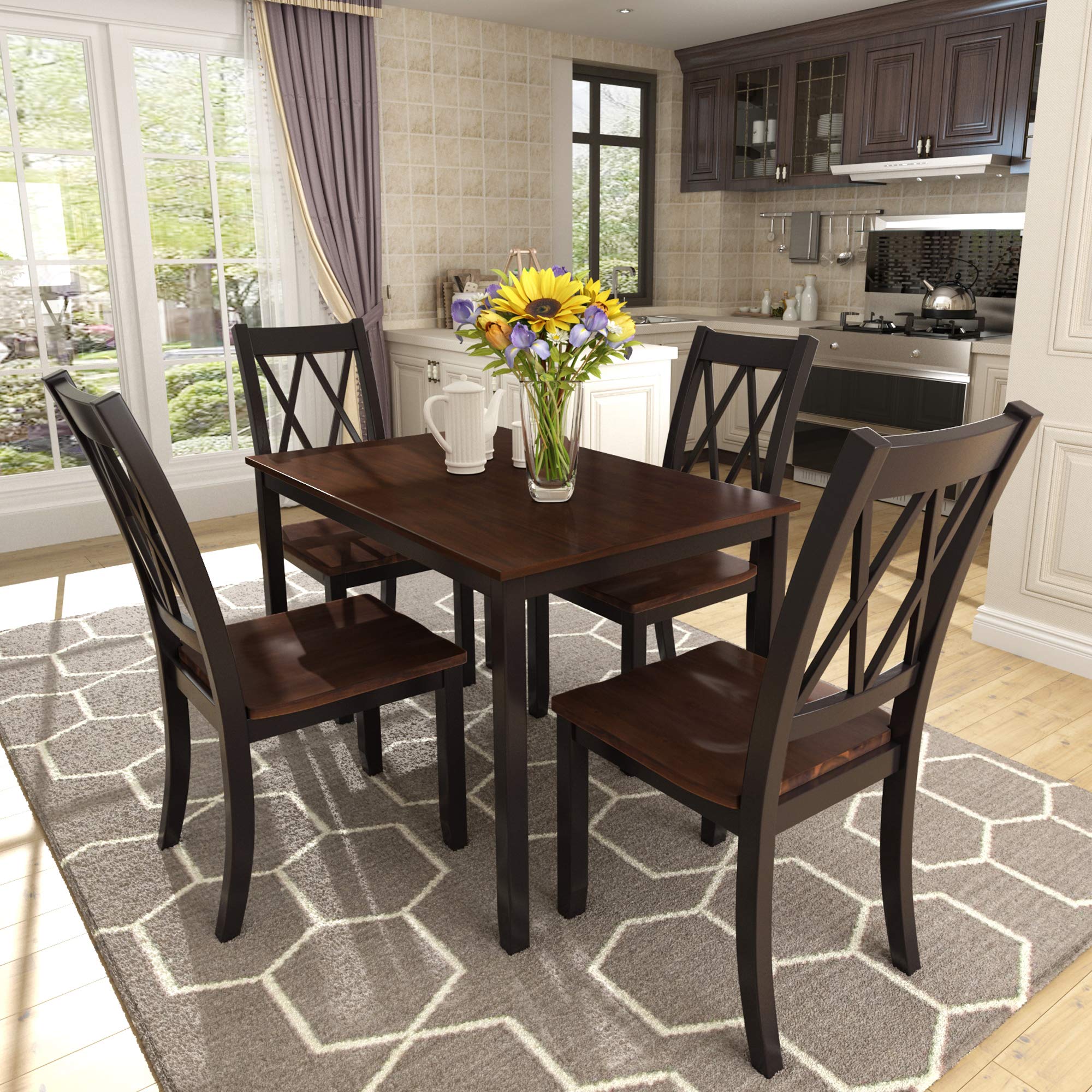 Harper & Bright Designs 4-Piece Wood Dining Table Set - Black & Cherry Kitchen Table with Chairs for Small Spaces, Breakfast Nooks, and Cozy Dining Rooms