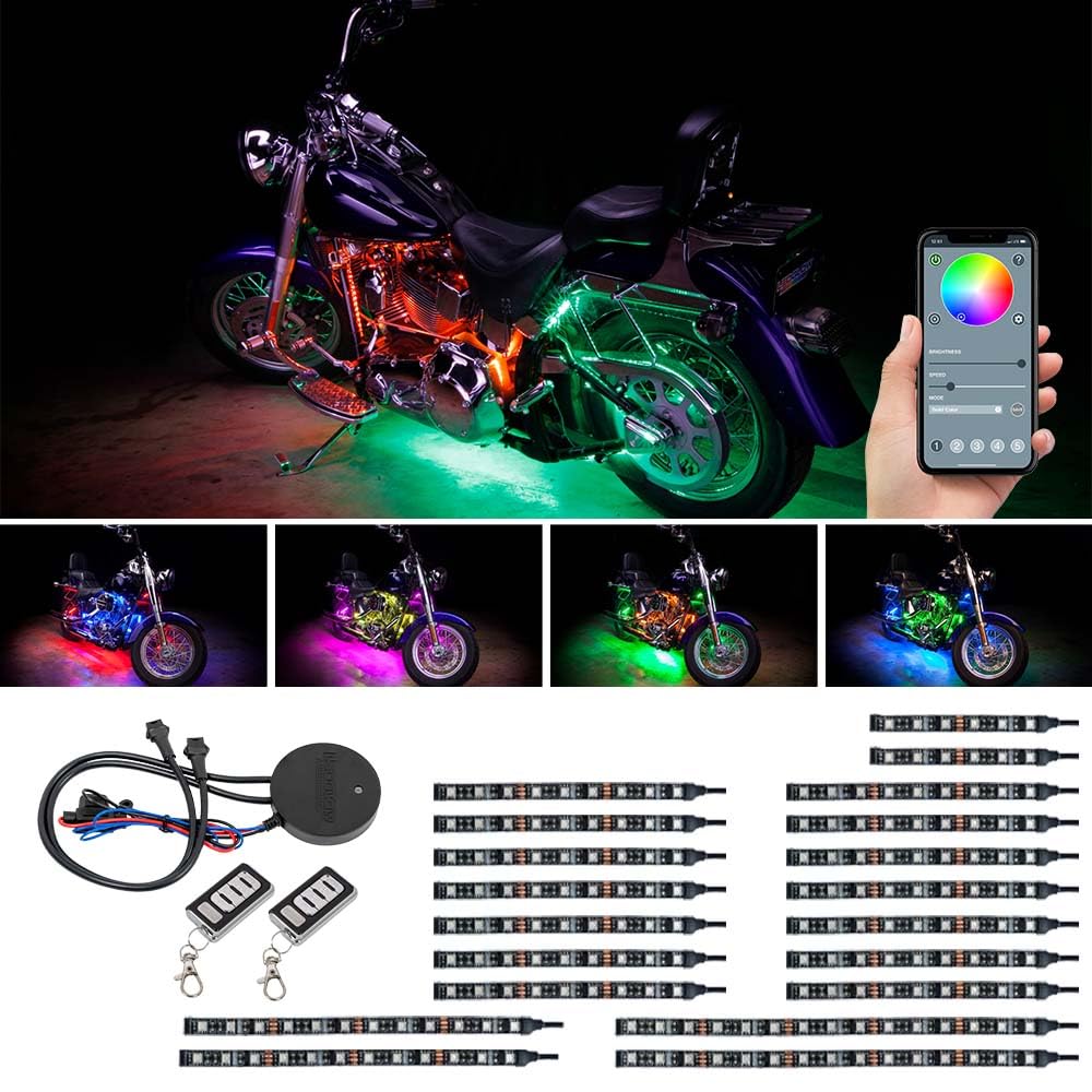 LEDGlow 20-Piece Bluetooth LED Motorcycle Light Kit - 16 Million Colors, Smartphone App Control, Dual Zone & Brake Light Effects, Waterproof - Perfect for Night Riding & Custom Bike Shows