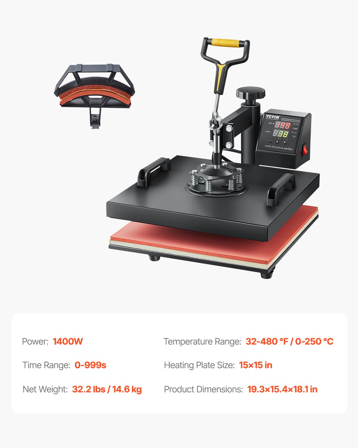 VEVOR 2 in 1 Digital Heat Press Machine 15x15 Inch - Professional Swing Away T-Shirt & Hat Heat Press for Sublimation, Vinyl & Heat Transfer - Perfect for DIY Crafts, Custom Apparel & Small Business Printing