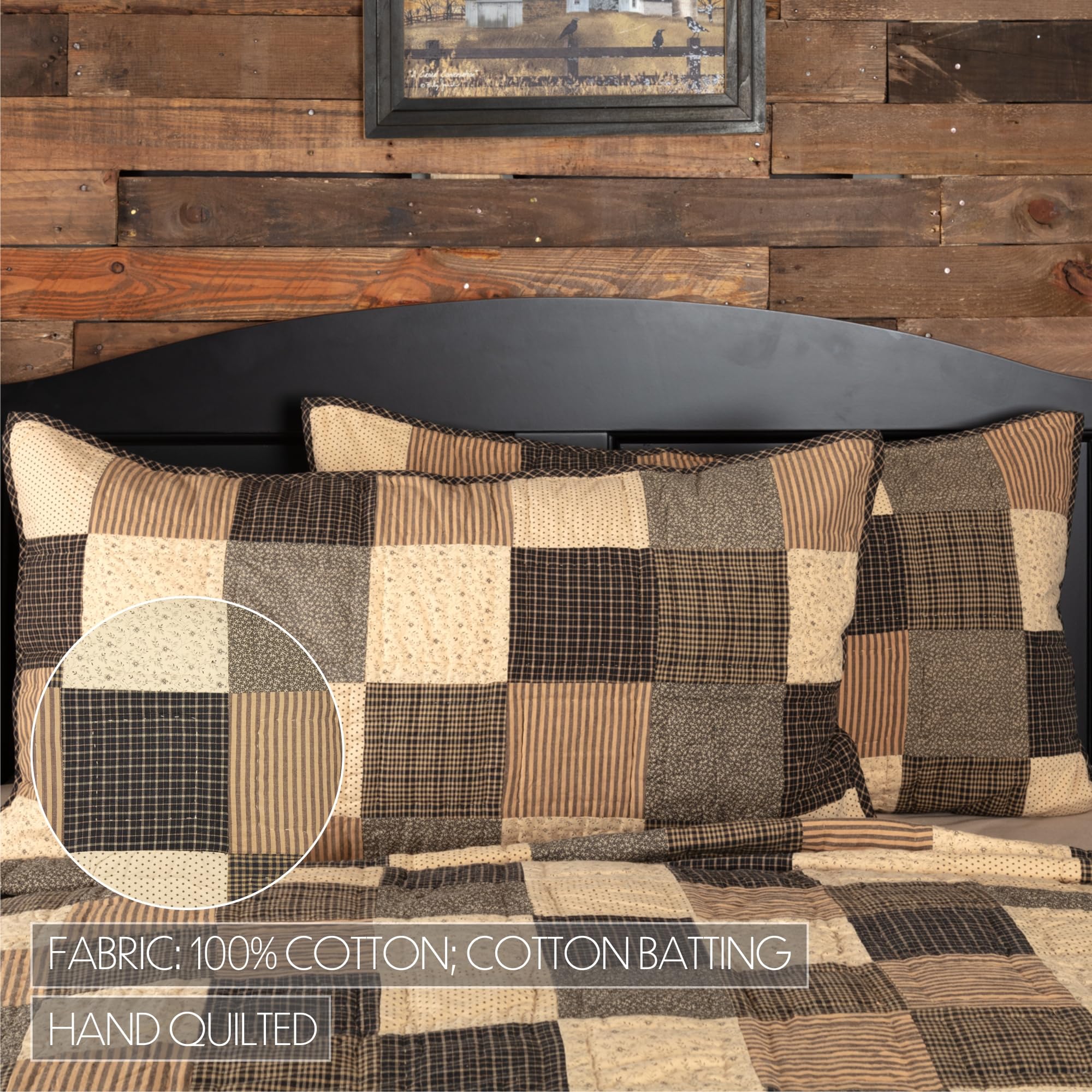 VHC Brands Kettle Grove King Sham 21x37 Inch Primitive Country Patchwork Quilted Pillow Sham - Black and Cream Farmhouse Decor for Bedroom, Living Room, and Rustic Home Styling