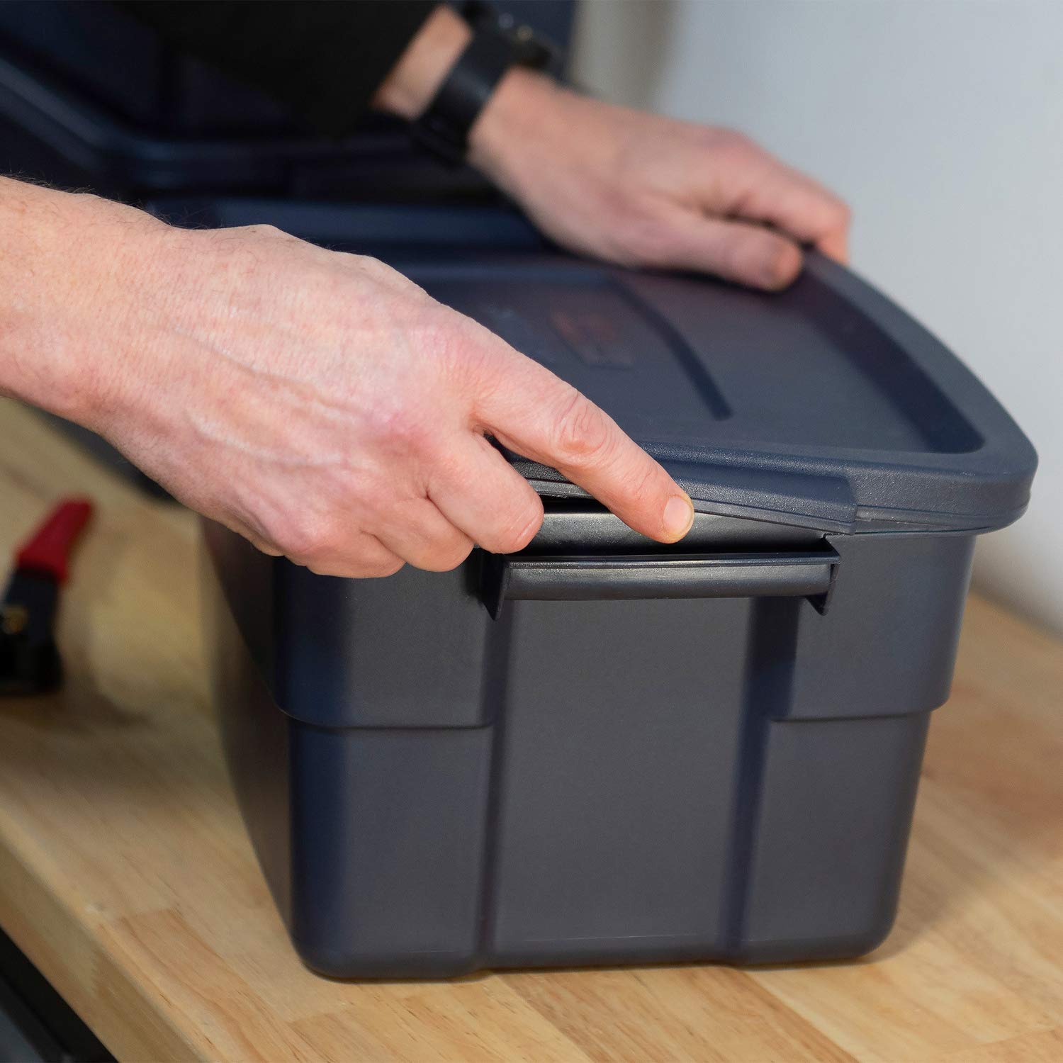 Rubbermaid Roughneck 3 Gallon Heavy Duty Plastic Storage Bins with Lids - Stackable, Reusable Home Organization Containers - Dark Indigo Metallic (12 Pack) for Garage, Basement, Office & Closet Storage Solutions