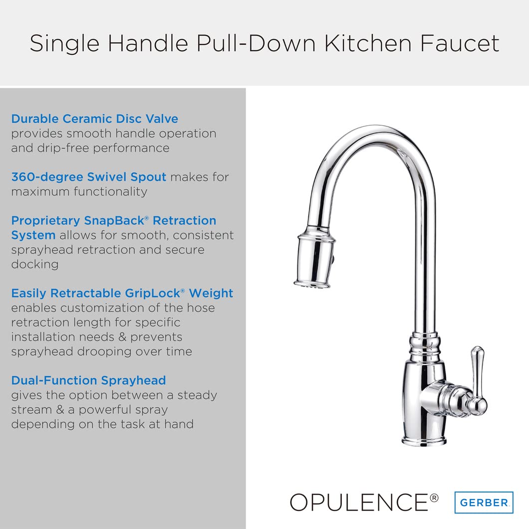 Gerber Plumbing Pull-Down Kitchen Faucet with SnapBack Retraction - High Arc Stainless Steel Sink Faucet for Modern Kitchens | Perfect for Washing Dishes, Filling Pots & Daily Kitchen Tasks