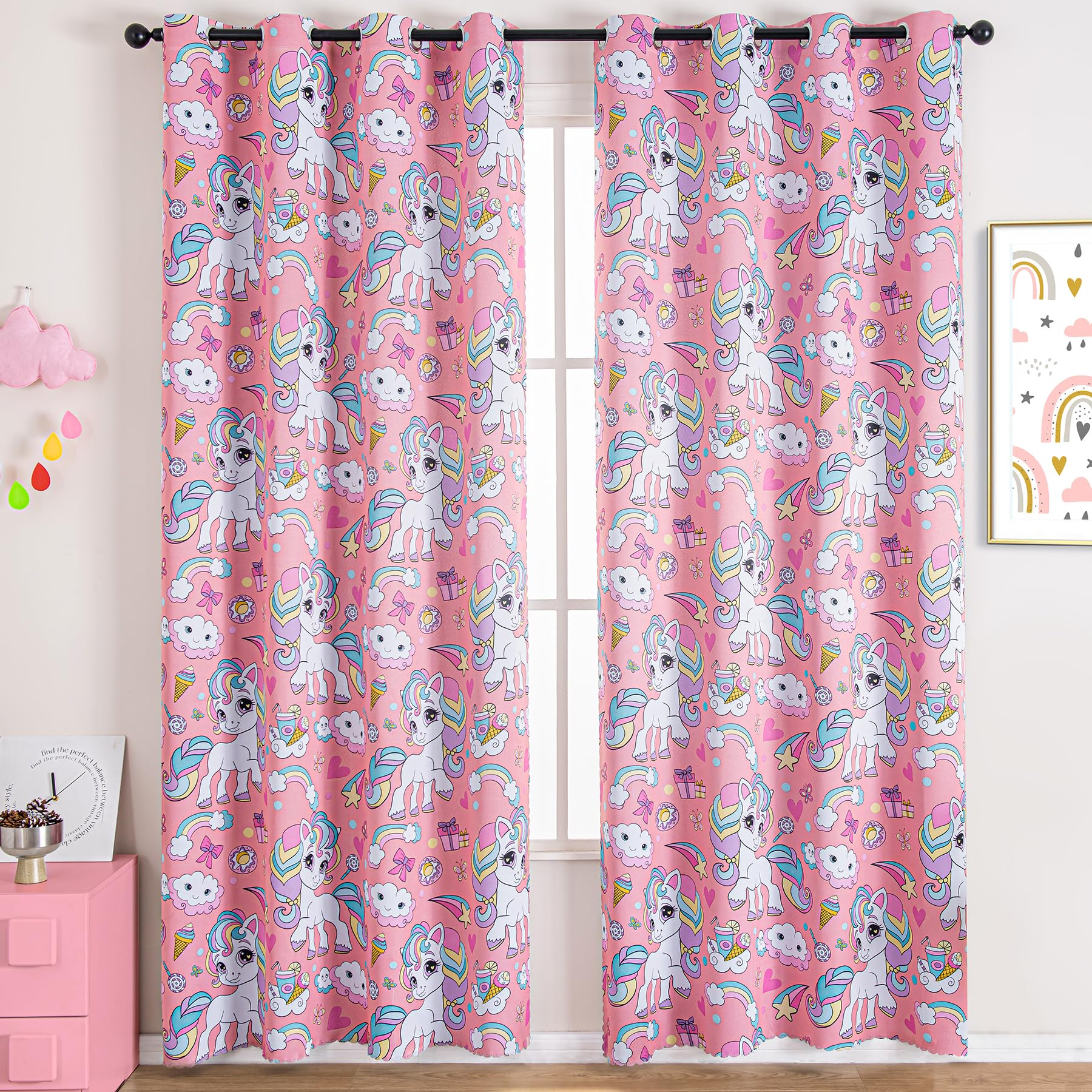 UNISTAR Unicorn Princess Theme Kids Room Curtains - Pink Cute Horse Blackout Window Drapes with Grommet Top (34