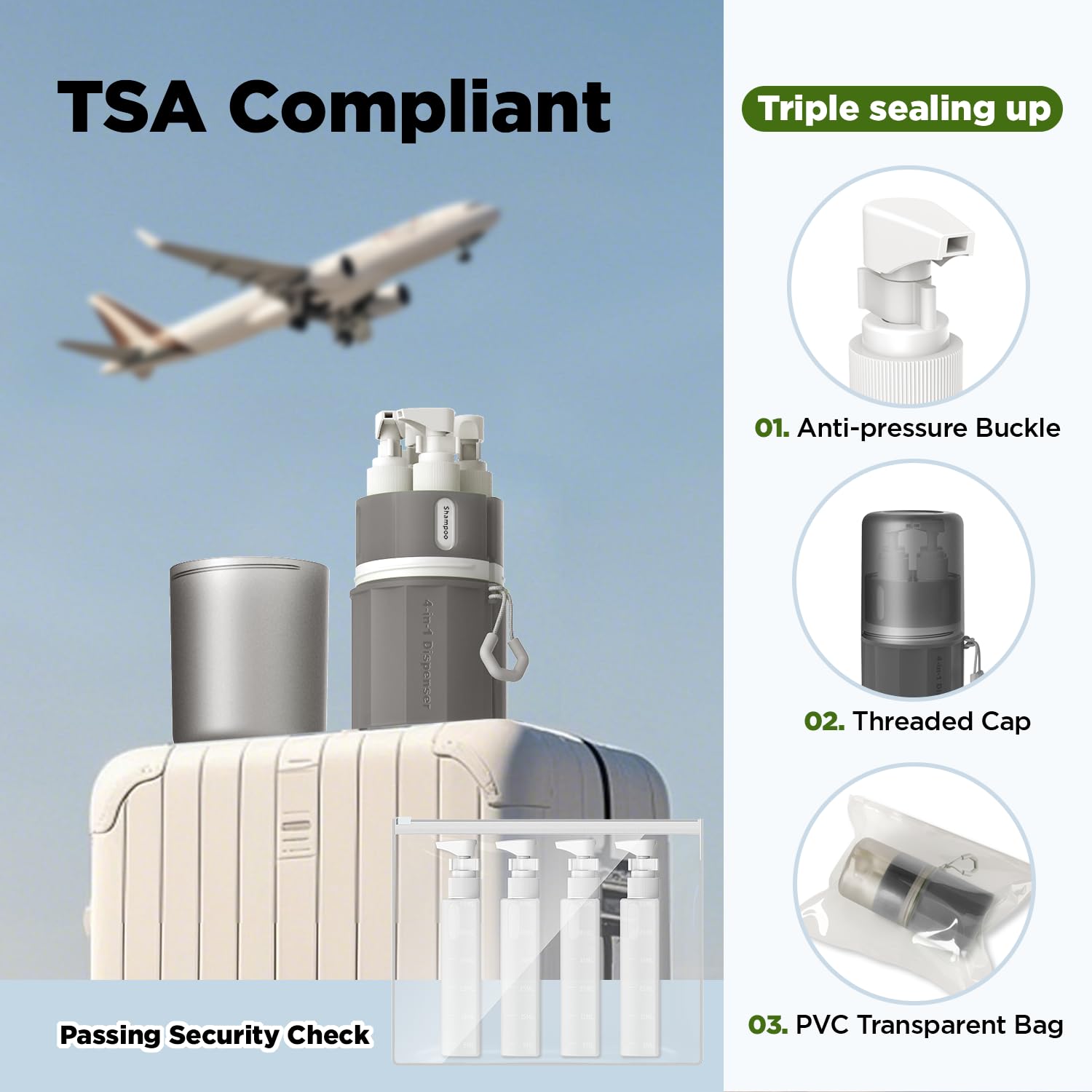YOTIME 4-in-1 TSA Approved Leak Proof Travel Bottles Set - Reusable Silicone Toiletry Containers for Shampoo, Conditioner & Body Wash - Perfect for Air Travel, Gym & Vacation (Gray)