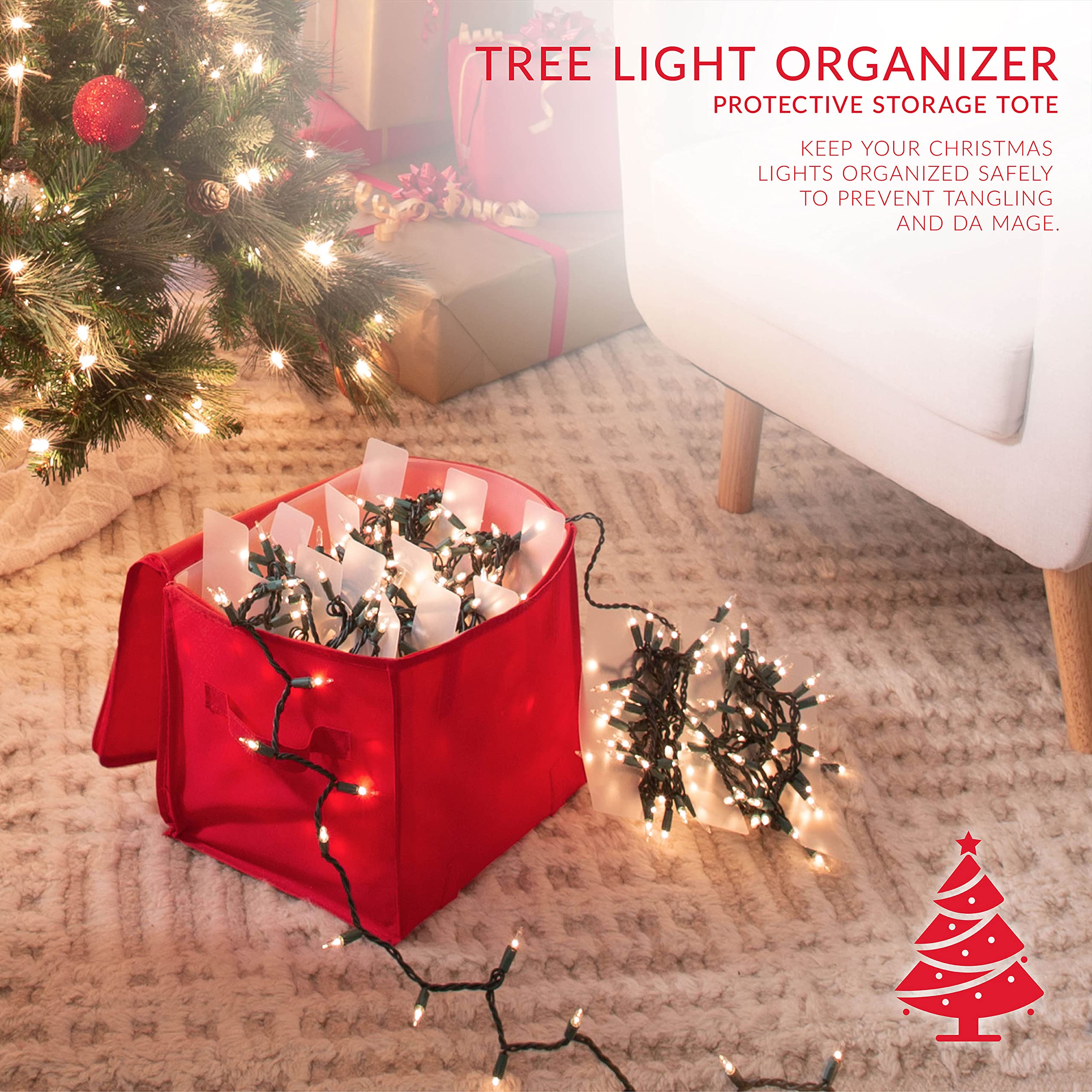 Holiday Light Organizer - Stores 500 Christmas Lights with Plastic Divider Reels | Collapsible Zippered Storage Box for Tree String Lights (Red) | Perfect for Holiday Decoration Storage & Organization