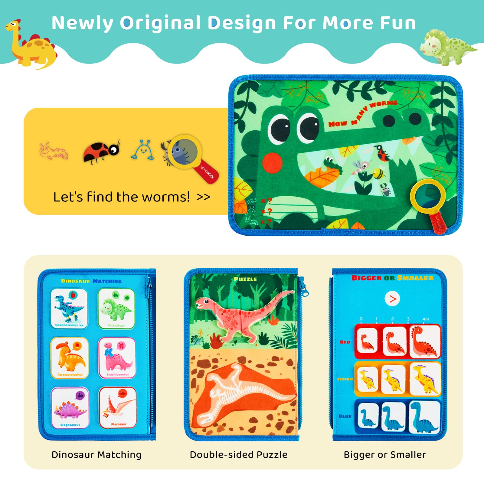 Montessori Busy Board Sensory Toys for 3-4 Year Old Kids - Dinosaur Themed Educational Travel Activity Toy for Toddlers | Perfect Birthday Gift, Airplane & Car Ride Entertainment, Preschool Learning Tool