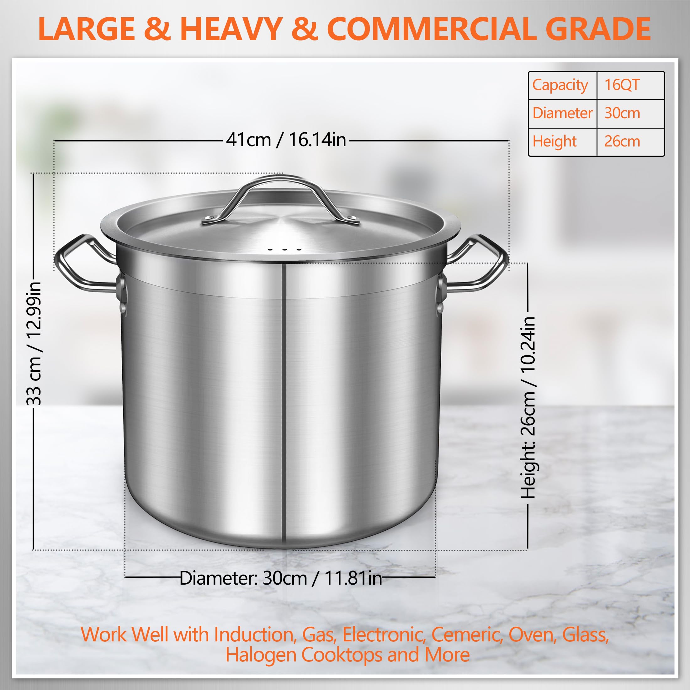 16 Quart Stainless Steel Stock Pot with Lid - Heavy Duty Large Cooking Pot for Soups, Stews & Pozole | Induction Compatible | Perfect for Family Meals, Meal Prep & Commercial Kitchens