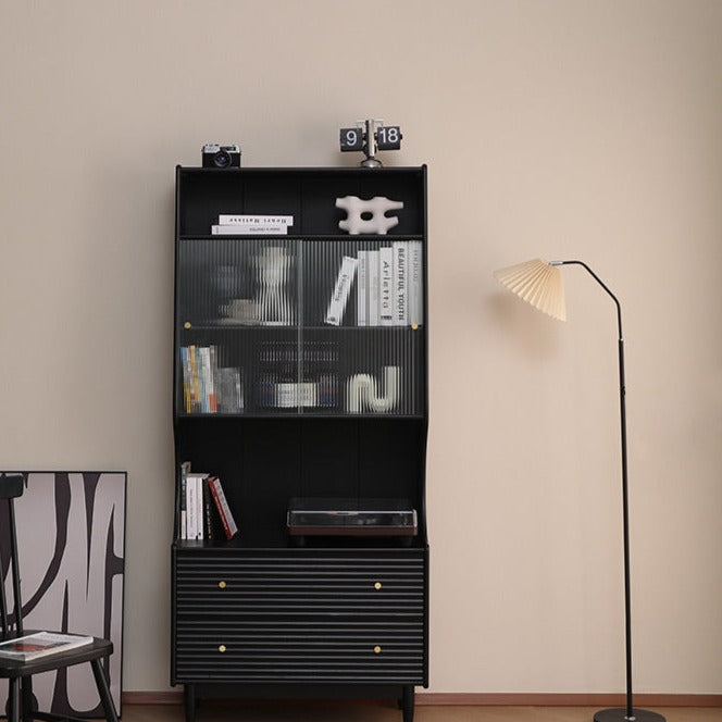 ISABEL TOKYO Japanese Scandinavian Buffet Glass Display Sideboard - Nordic Style Cabinet in Walnut, Black, Grey & White - Perfect for Dining Room Storage & Living Room Decor