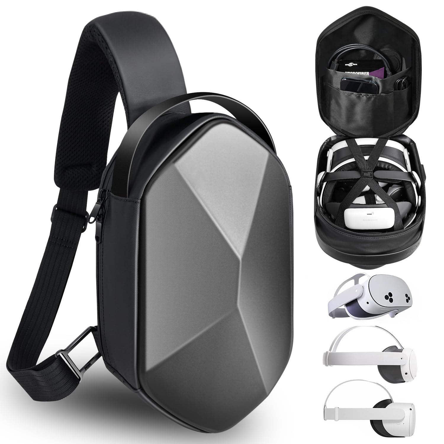 SARLAR Hard Travel Case for Oculus Meta Quest 3S/3/2 VR Headset & Controllers - Protective Storage Bag with Large Space Fits BOBOVR/Kiwi Design Battery Head Straps (Crossbody Sling Bag) - Perfect for Travel, Gaming Events & VR Accessories Organization