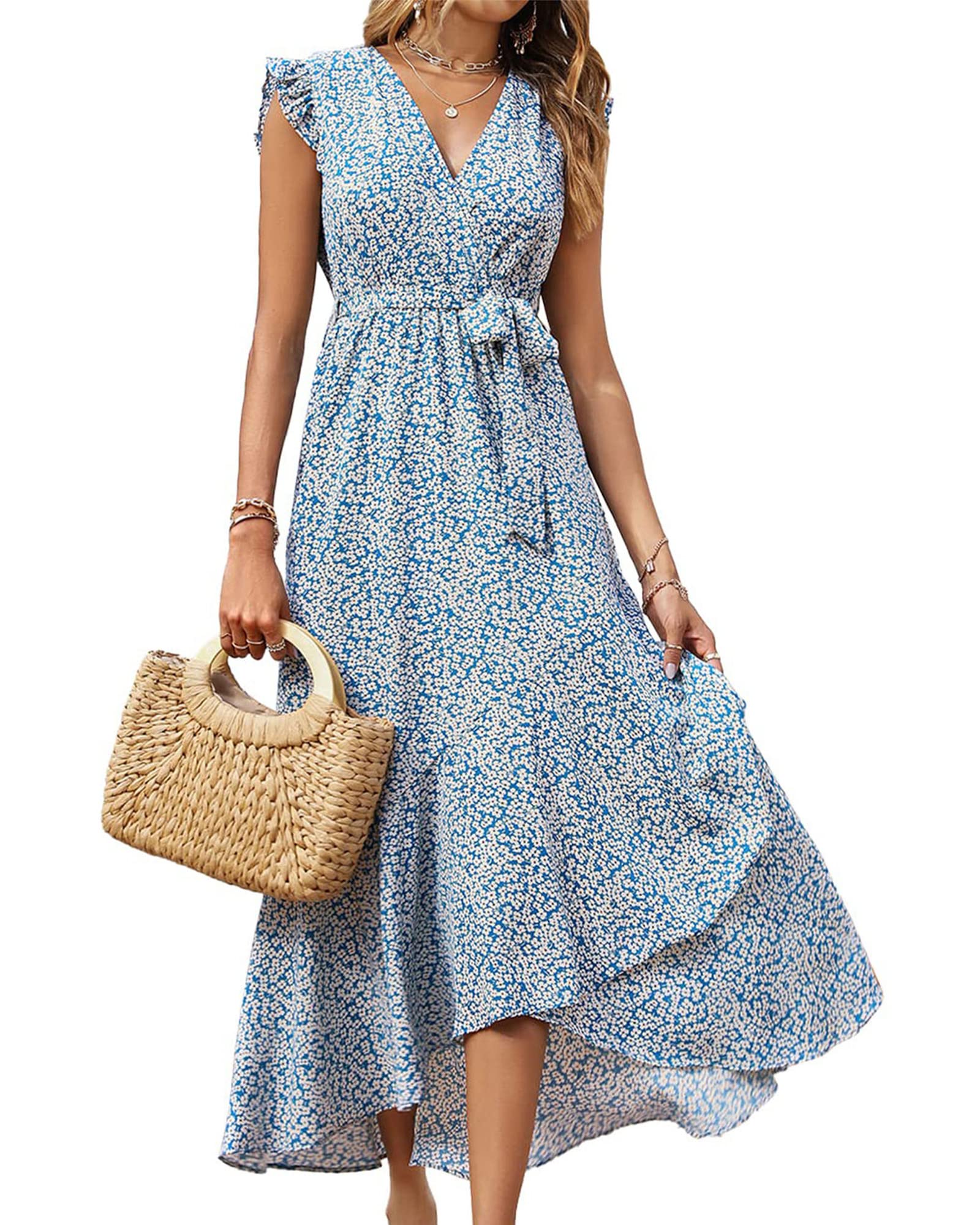 BTFBM Women's Floral Maxi Dress with Ruffle Sleeves & V-Neck - Summer Beach Wedding Guest Dress, Spring Vacation Outfit, Wrap Belt Design for Casual & Special Occasions